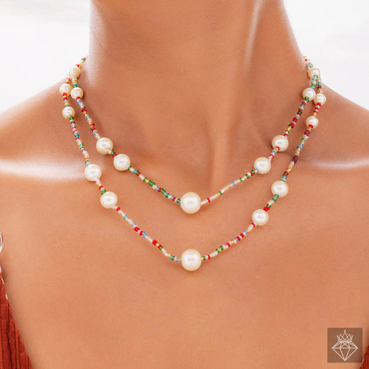 AUROZI Exquisite Double Layer Bead & Pearl Necklace Set With Earrings