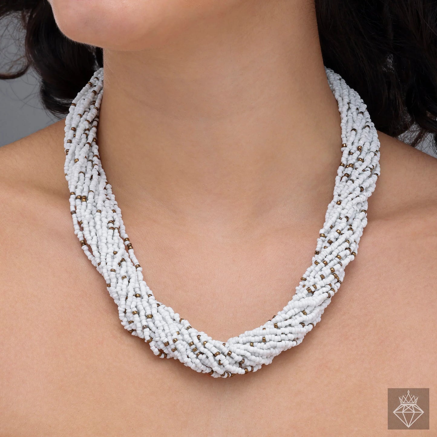 AUROZI Multi-Layered White Seed Bead Necklace – Elegant Statement Jewelry