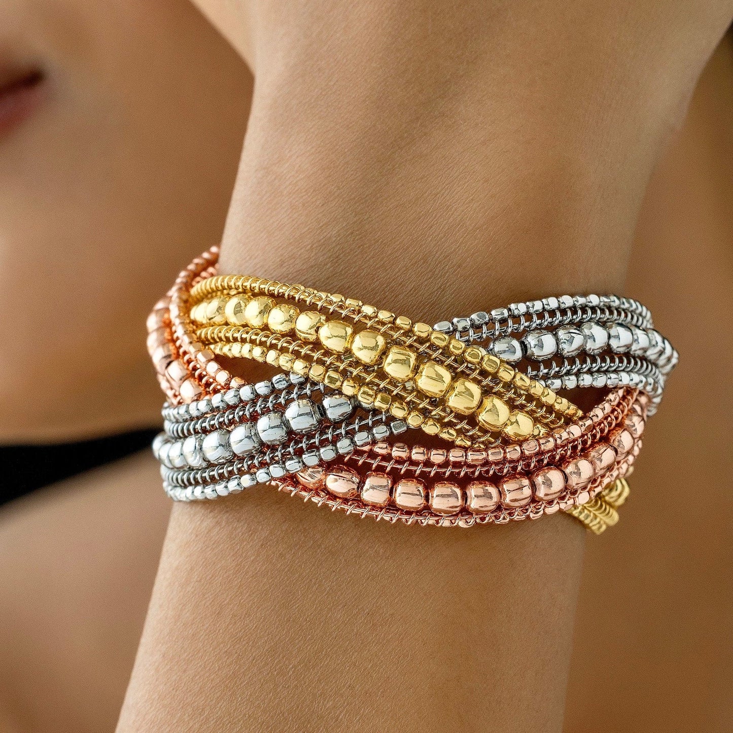 AUROZI Anti-Tarnish Exclusive Limited Edition Tri-Tone Cuff Bracelet (Adjustable Size)