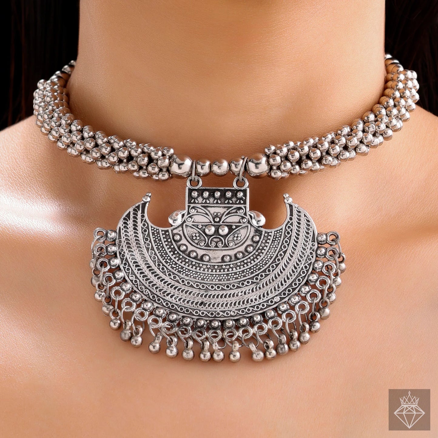 AUROZI Traditional Oxidised Silver Jewelry Set (Necklace & Earrings)