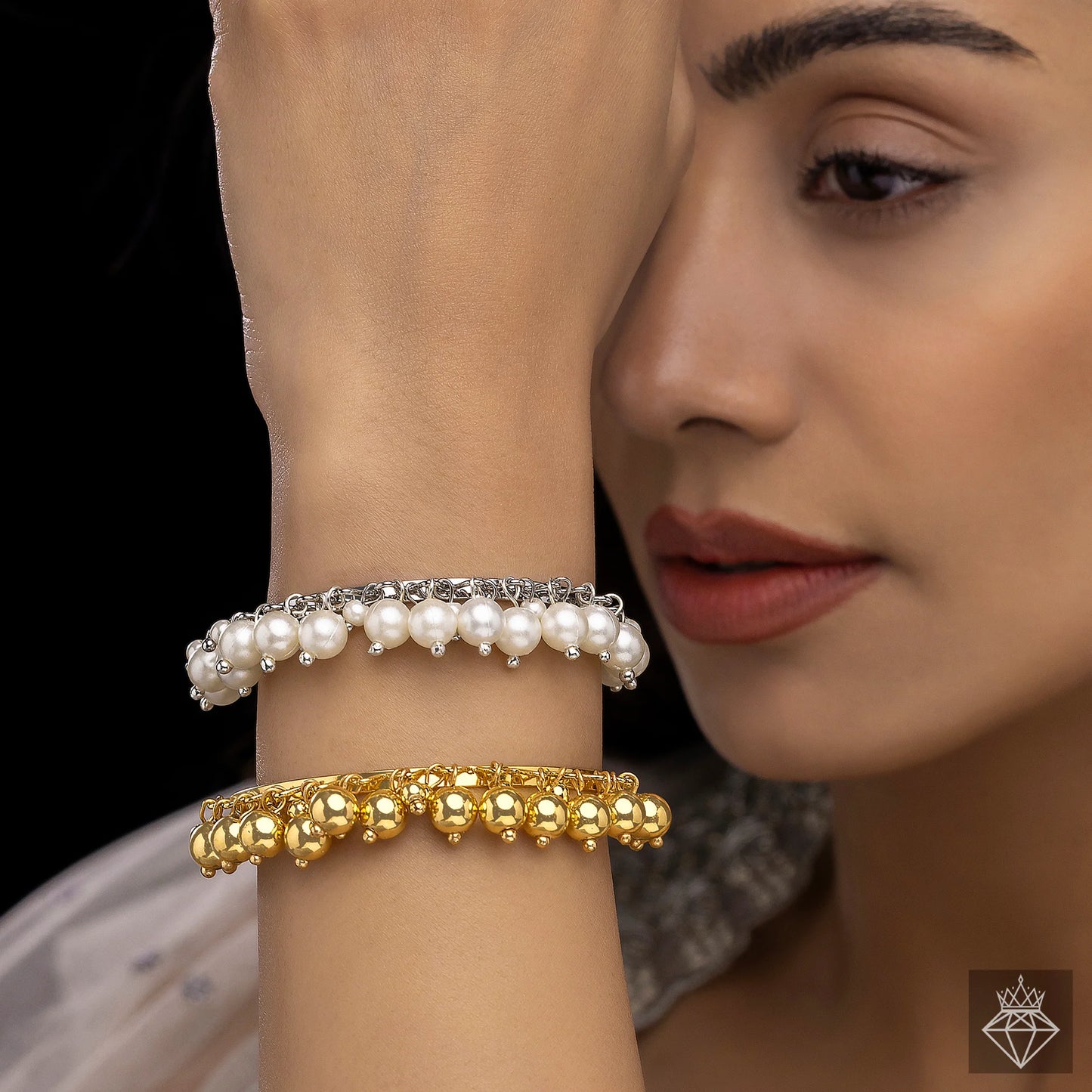 AUROZI Anti-Tarnish Golden & Pearl Bangle Bracelets Set (Adjustable Size)