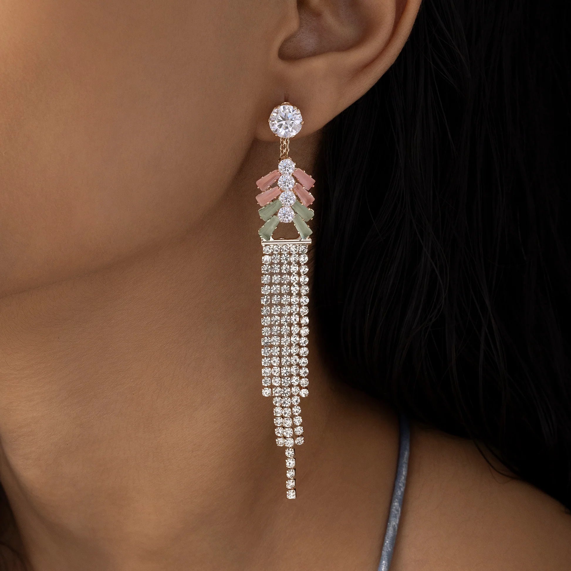 AUROZI Anti-Tarnish Crystal Dangler Earrings – Elegant Cascading Rhinestones