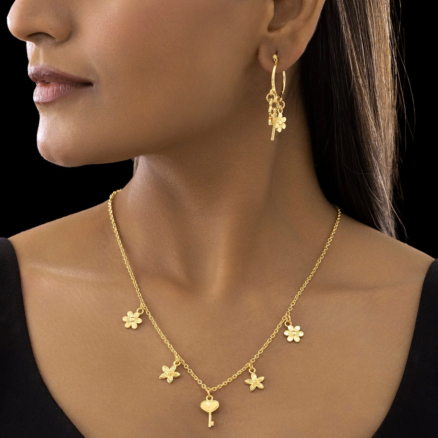 AUROZI Anti-Tarnish Multi-Charm Chain Necklace with Earrings