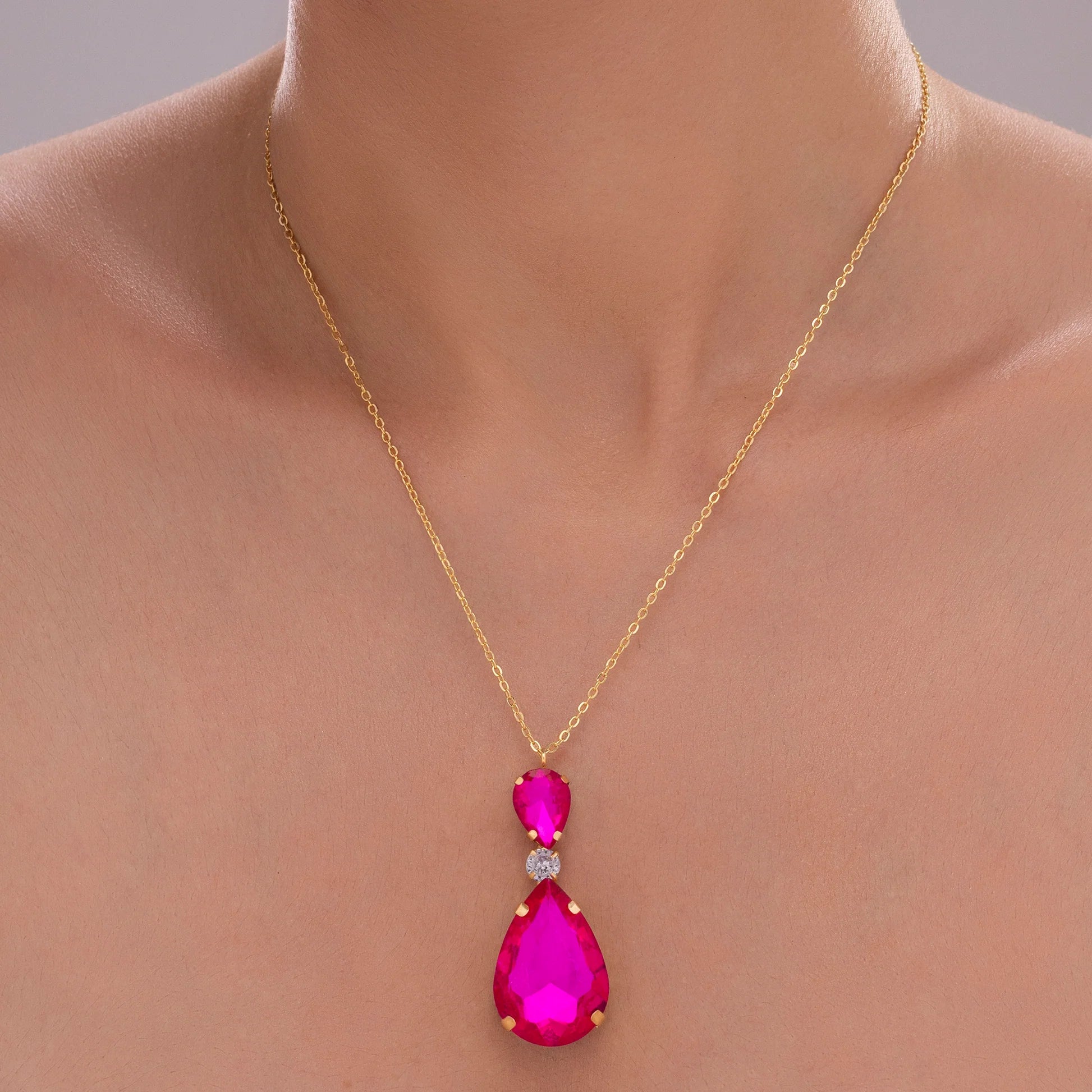 AUROZI Anti-Tarnish Fuchsia Pink Drop Crystal Pendant Necklace