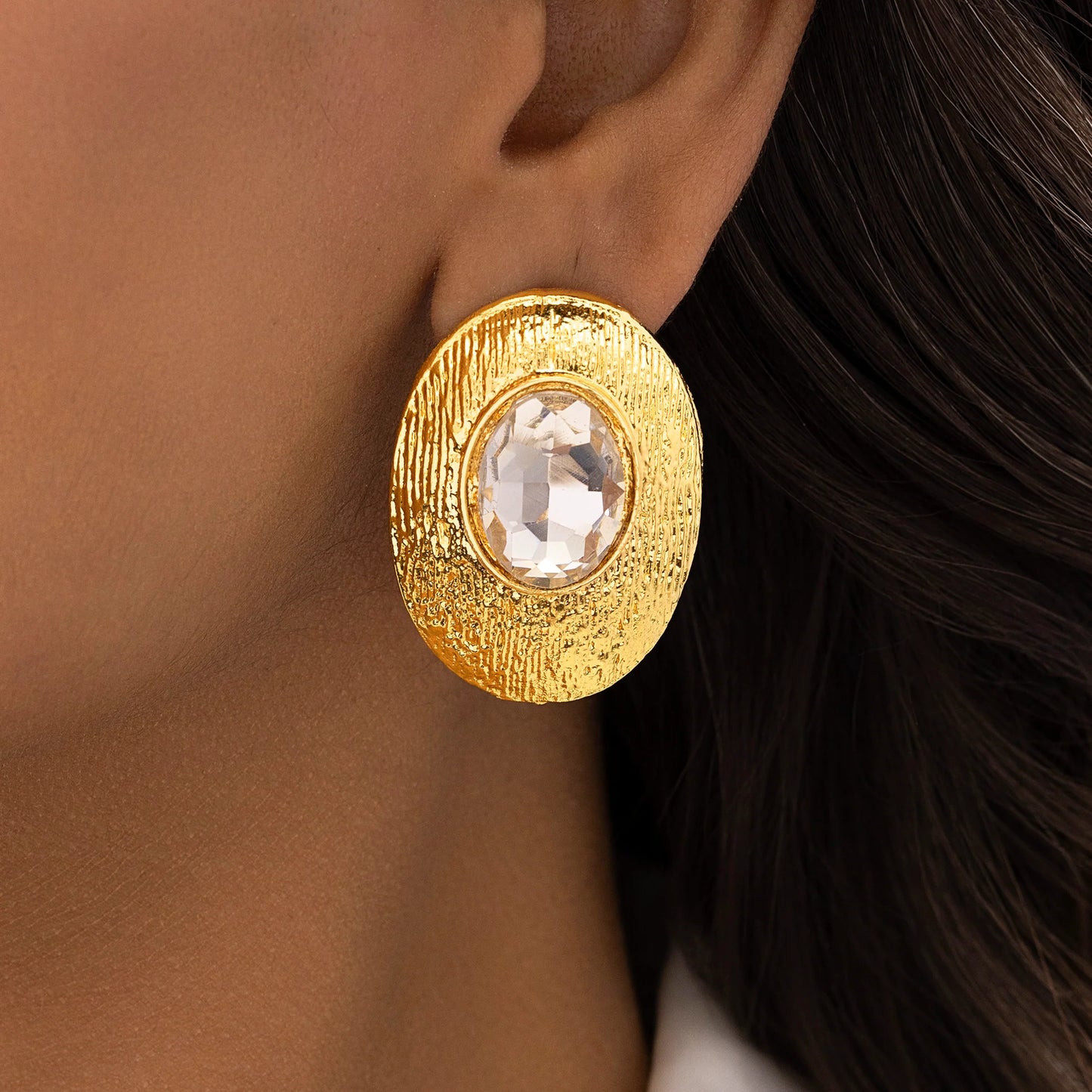 AUROZI Anti-Tarnish Textured Oval Statement Earrings with Crystal