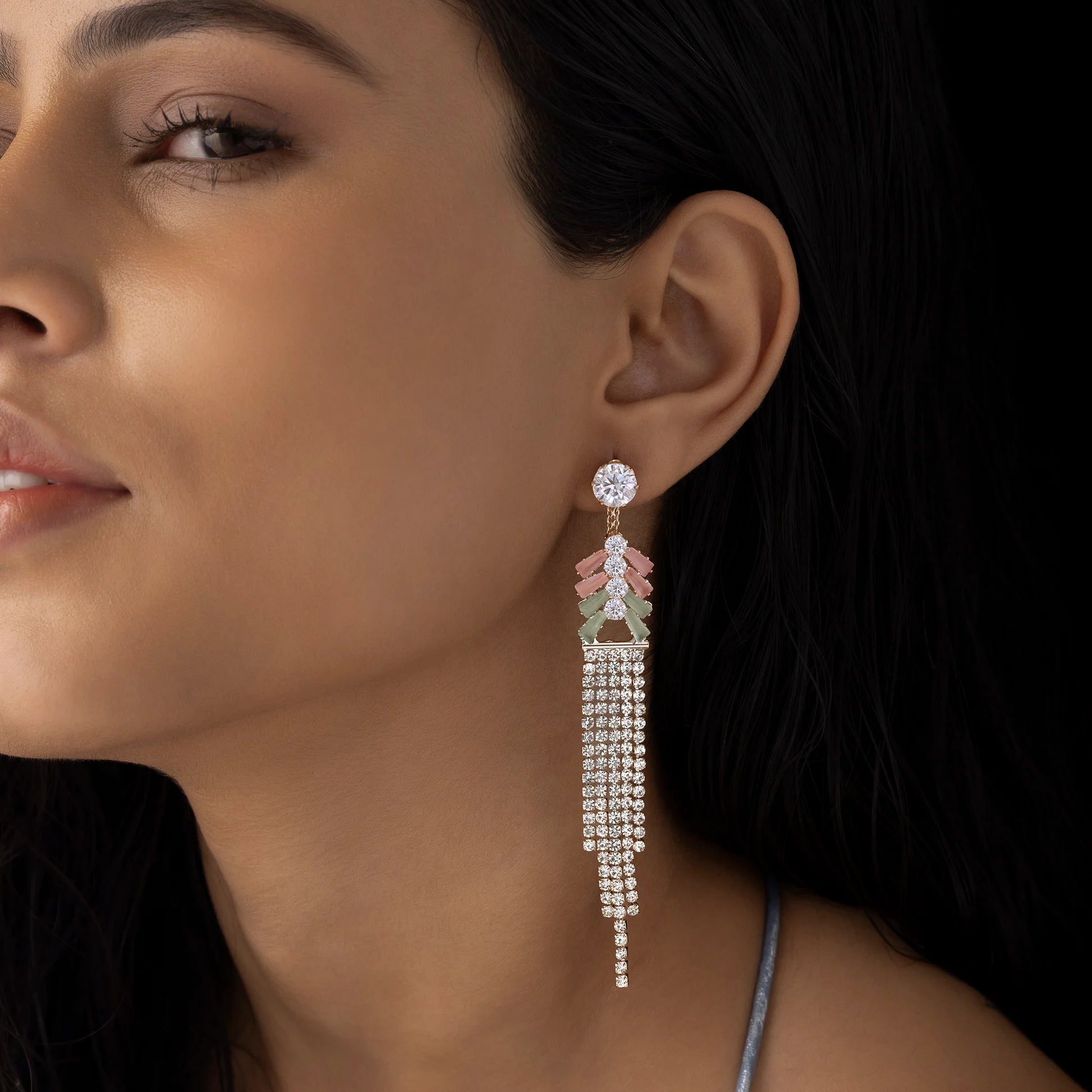 AUROZI Anti-Tarnish Crystal Dangler Earrings – Elegant Cascading Rhinestones