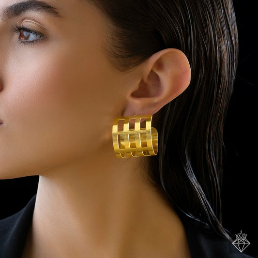 AUROZI Anti-Tarnish Golden Cylindrical Hoop Earrings – Modern Luxury with Intricate Detailing