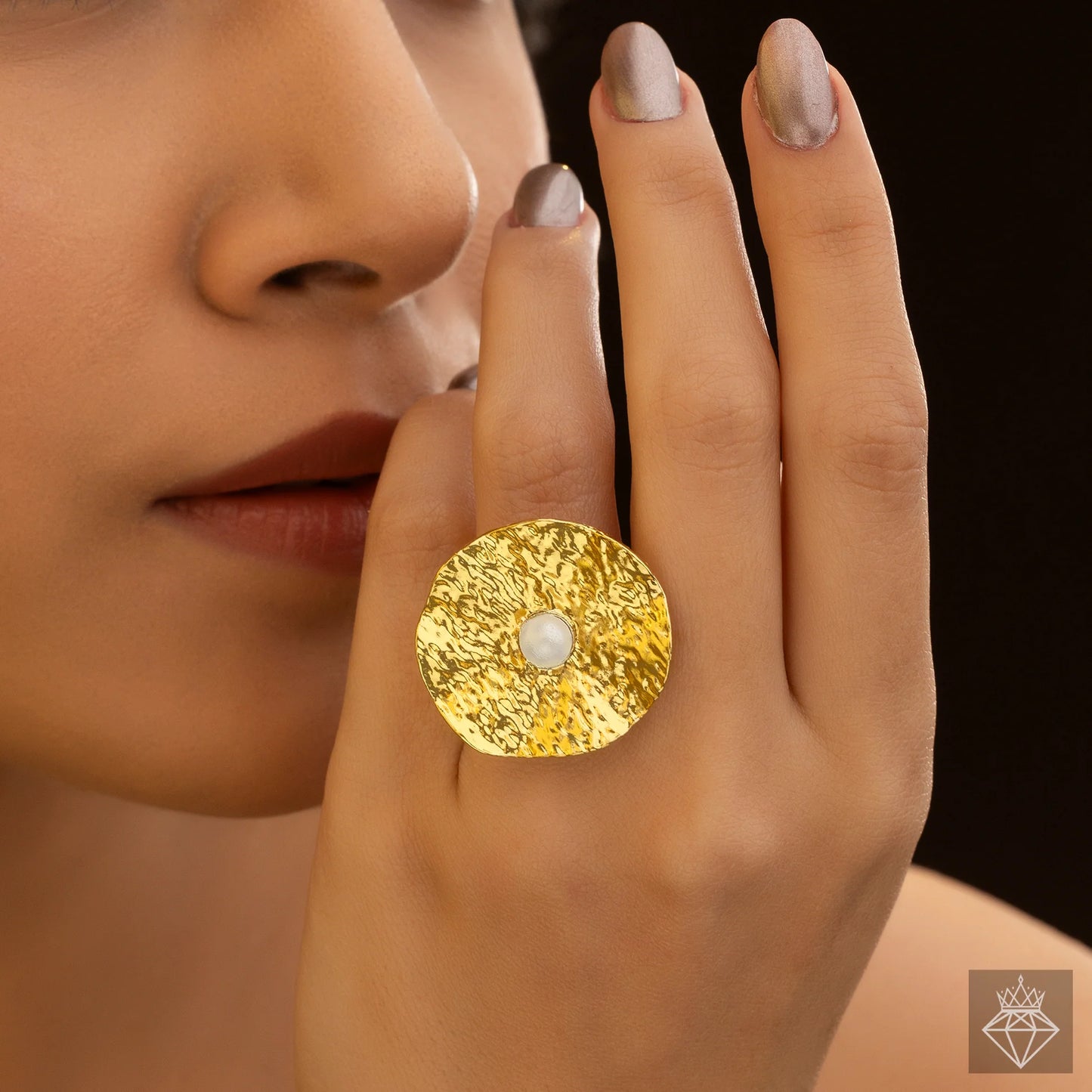 AUROZI Anti-Tarnish Hammered Pearl Ring (Adjustable Size) Artisan Texture. Timeless Elegance. Everyday Grace.