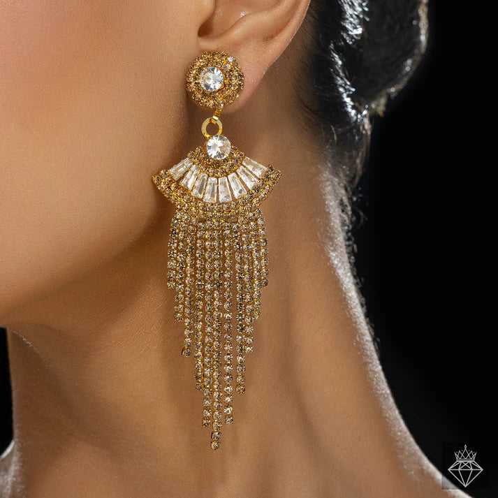 AUROZI Anti-Tarnish Crystal Dangler Earrings – Rhinestone & Baguette Statement Piece