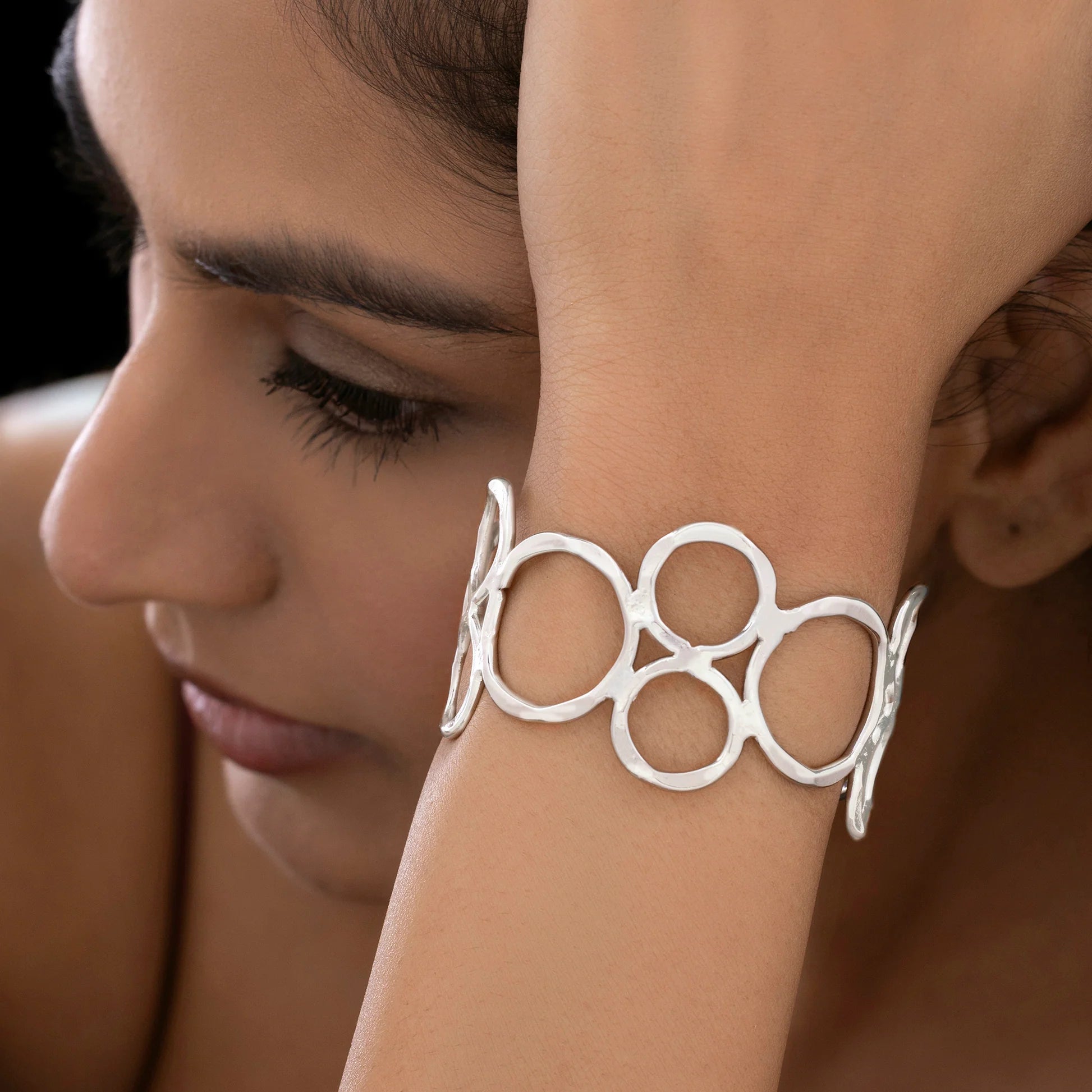 AUROZI Anti-Tarnish Premium Silver Finish Broad Bangle Bracelet (Adjustable Size)