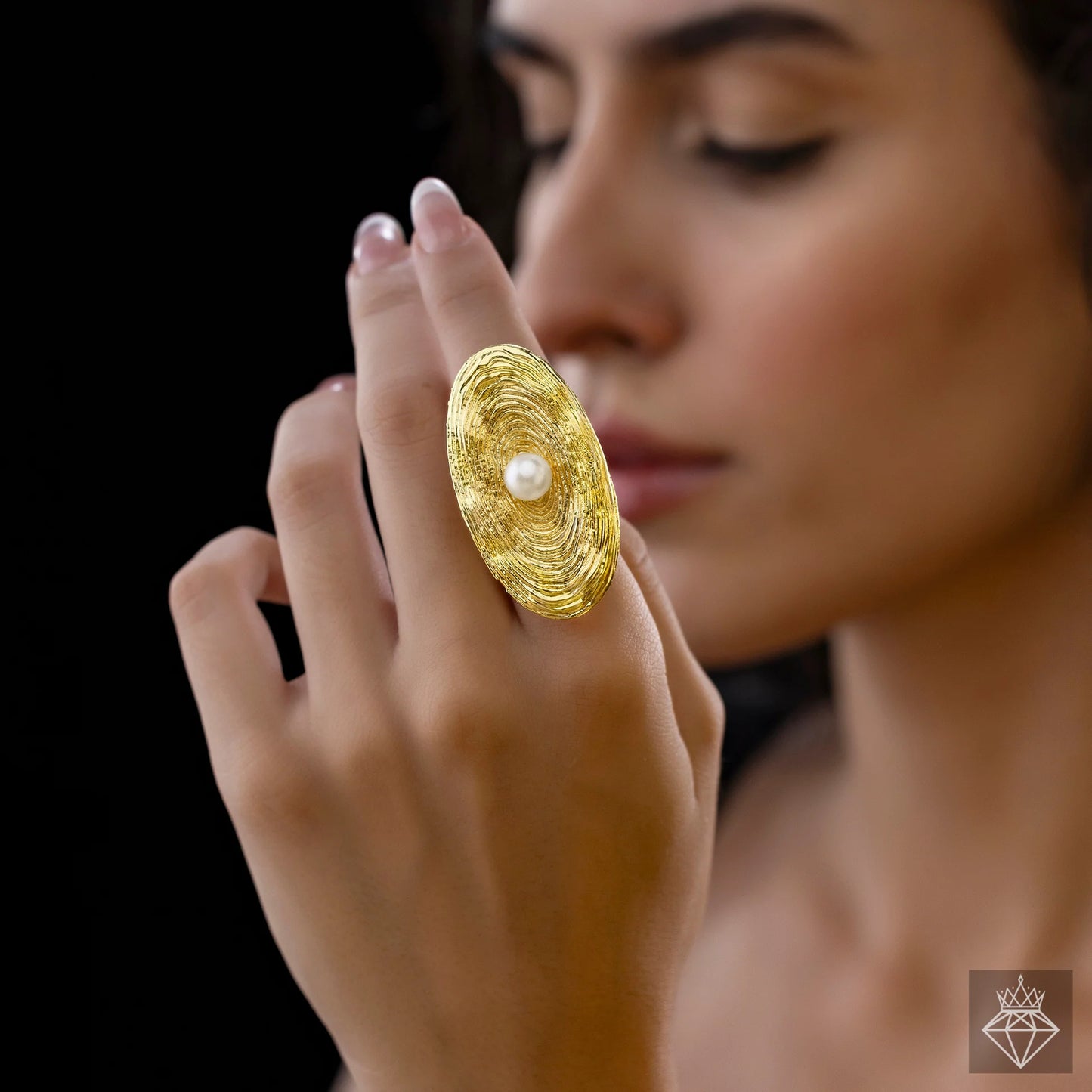 Aurozi Anti-Tarnish Golden Cocktail Ring With Pearl (Adjustable Size)