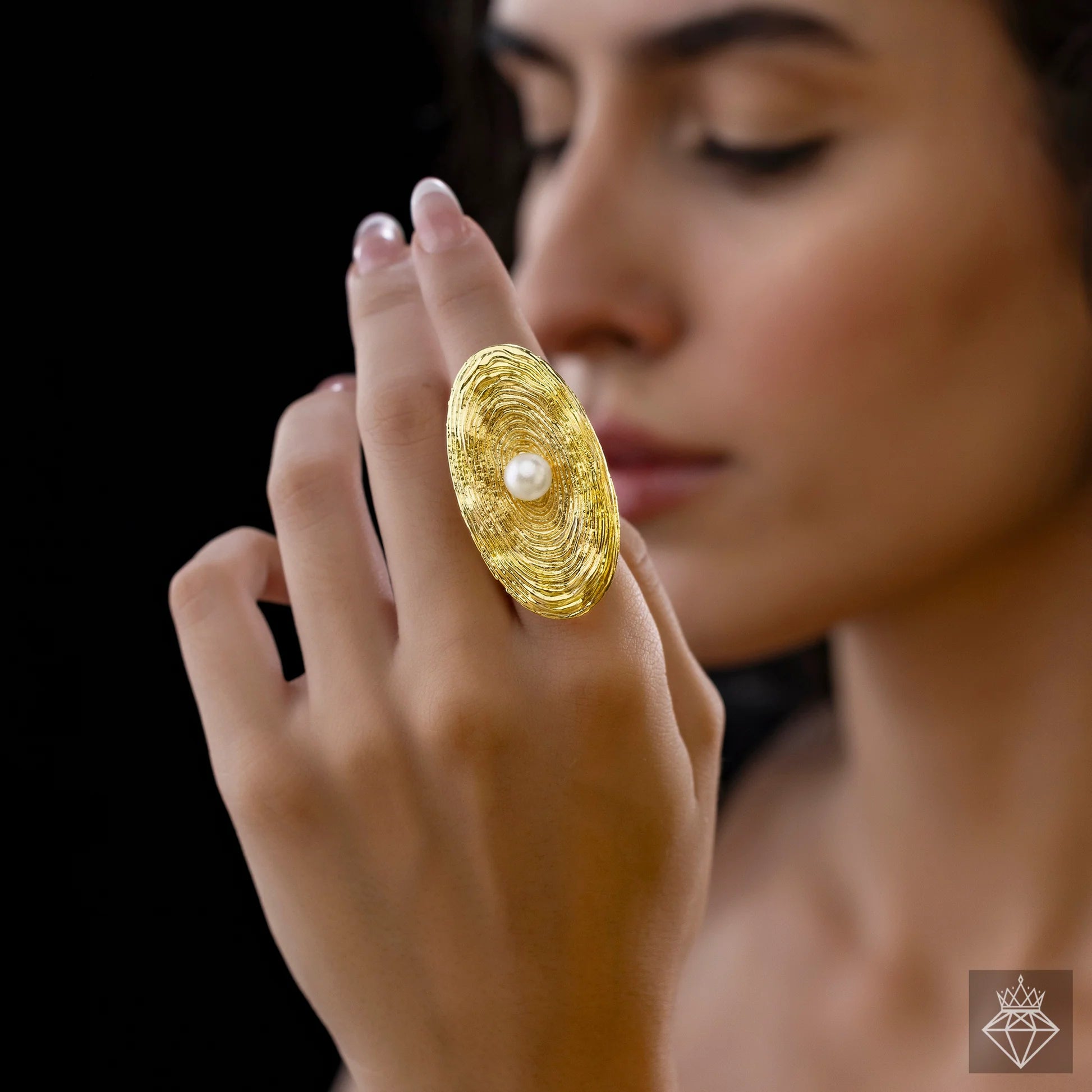 Aurozi Anti-Tarnish Golden Cocktail Ring With Pearl (Adjustable Size)