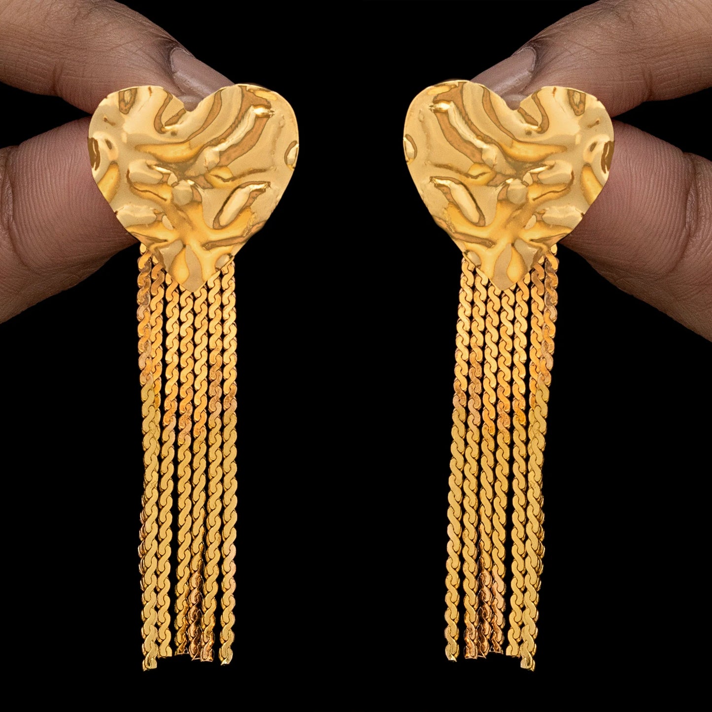 AUROZI Anti-Tarnish Textured Heart Earrings With Chain Tassels