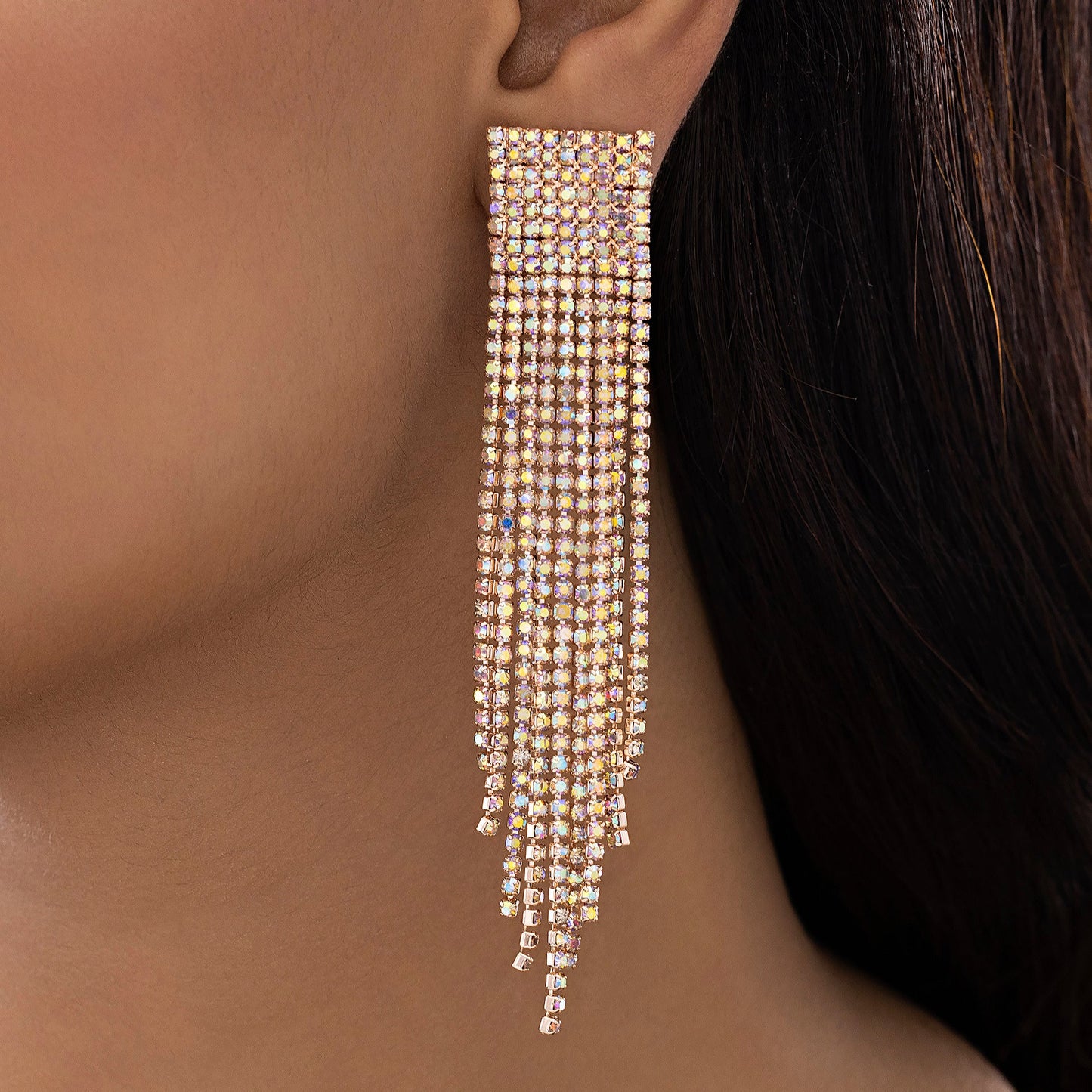 AUROZI Anti-Tarnish Dangle Earrings with Rainbow Rhinestone Tassels