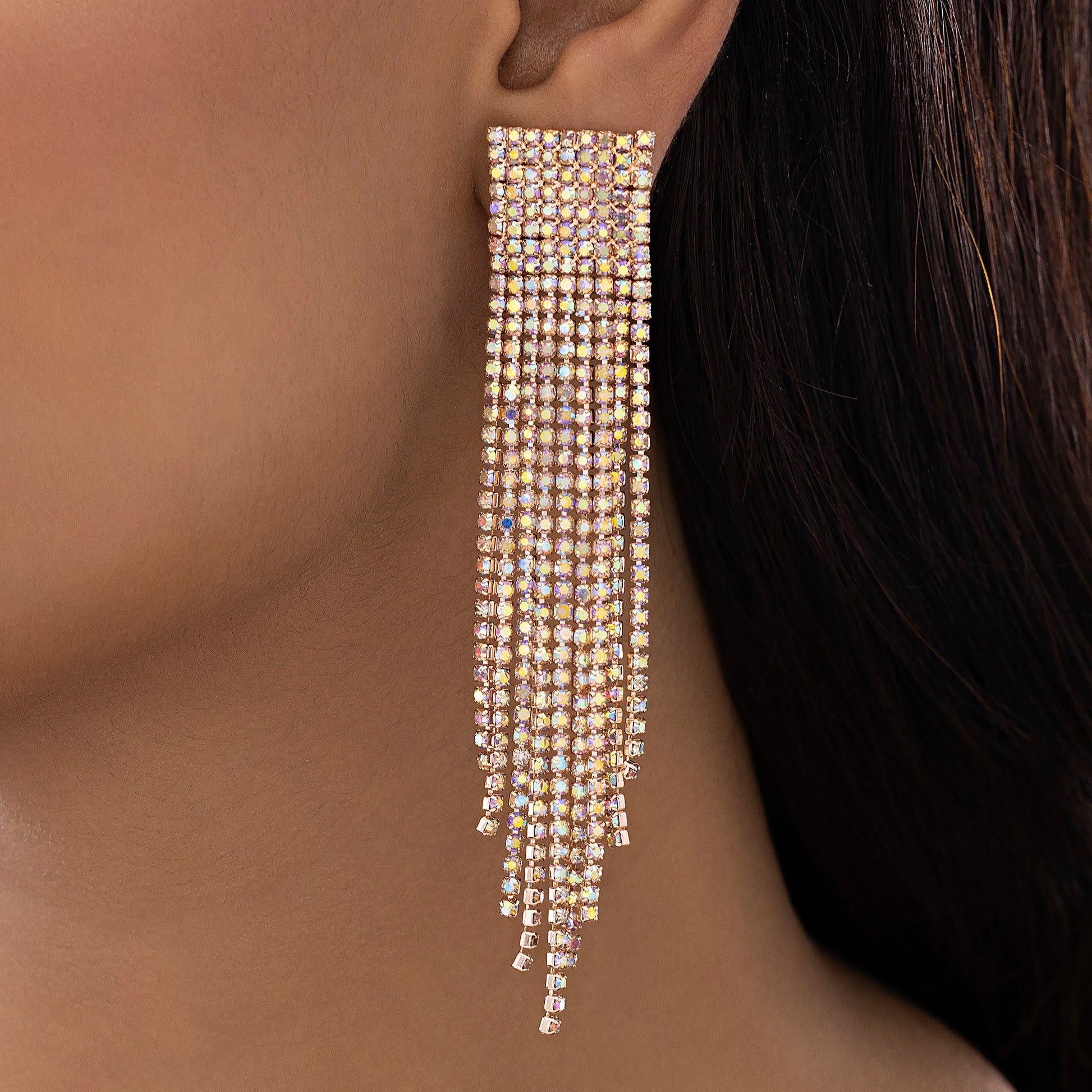 AUROZI Anti-Tarnish Dangle Earrings with Rainbow Rhinestone Tassels