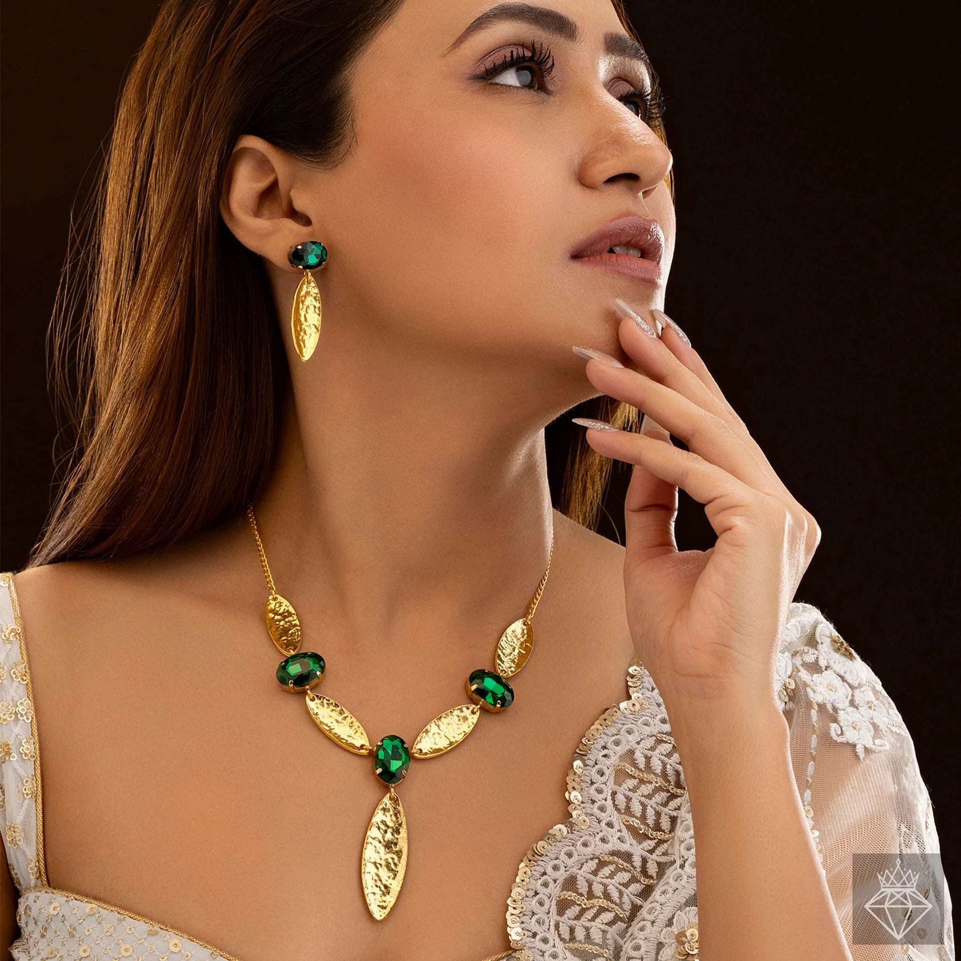AUROZI Anti-Tarnish Marquise Emerald Necklace Set With Earrings