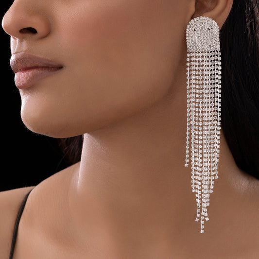 AUROZI Anti-Tarnish D-Shaped Silver Statement Earrings with Rhinestone Tassels