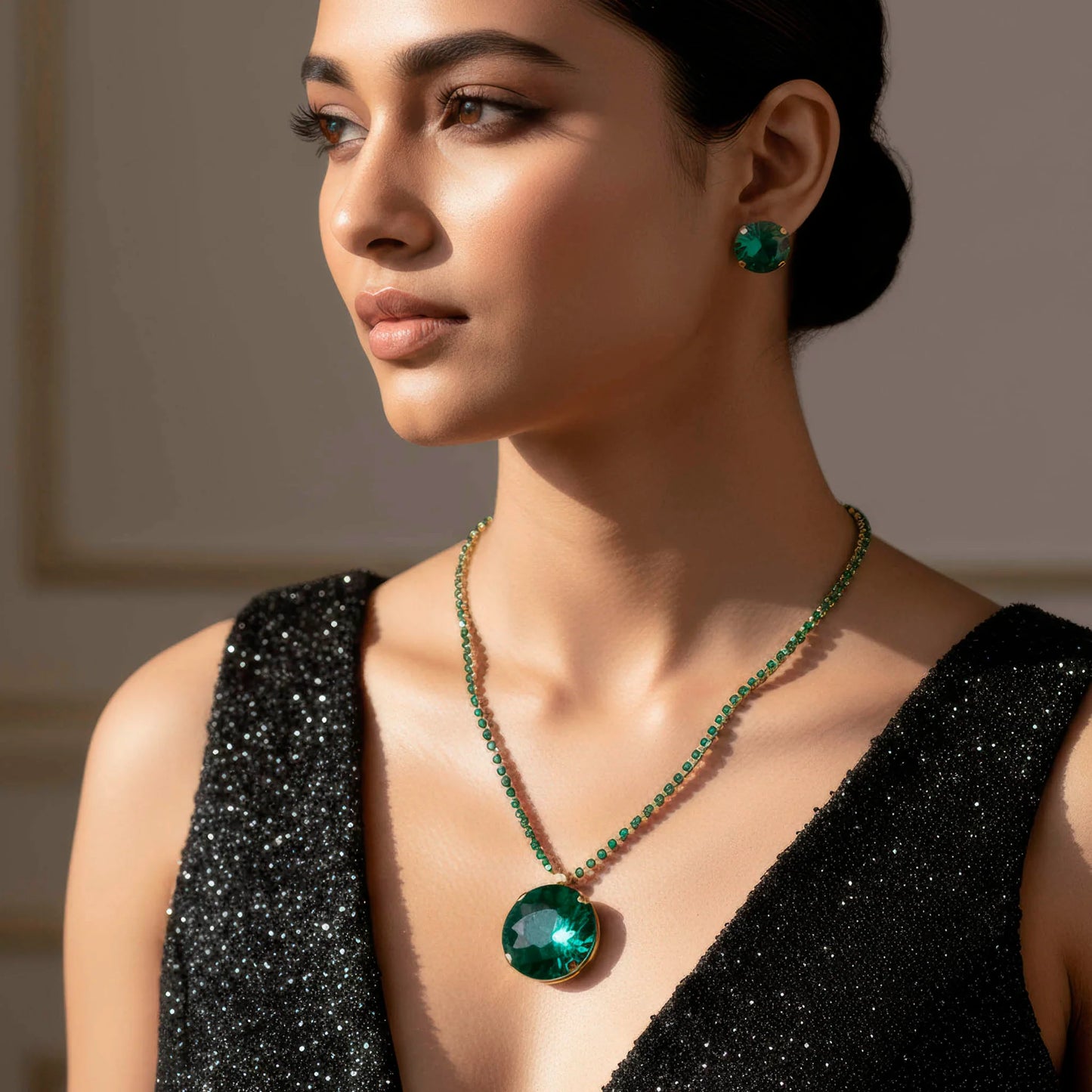 AUROZI Anti-Tarnish Emerald Green Crystal Necklace Set with Earrings