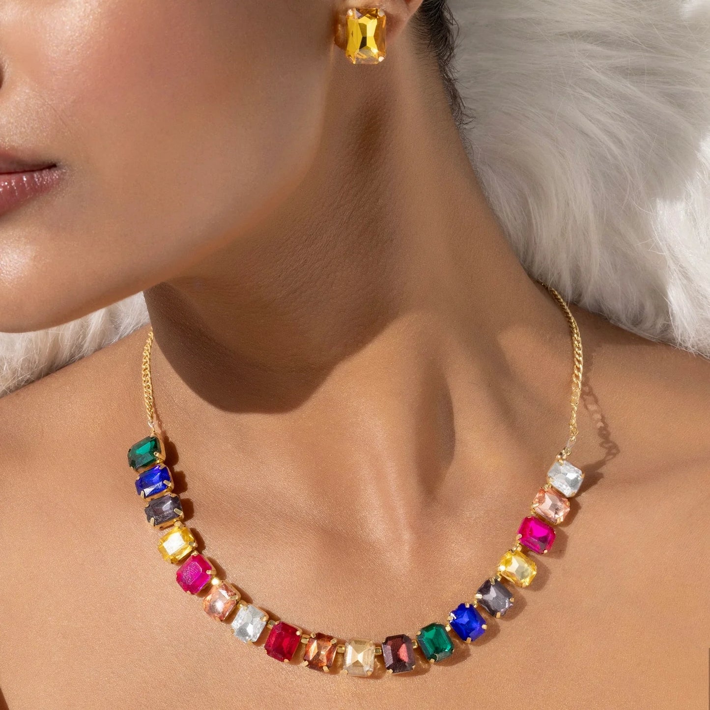 AUROZI Anti-Tarnish Multicolour Crystal Necklace Set With Earrings