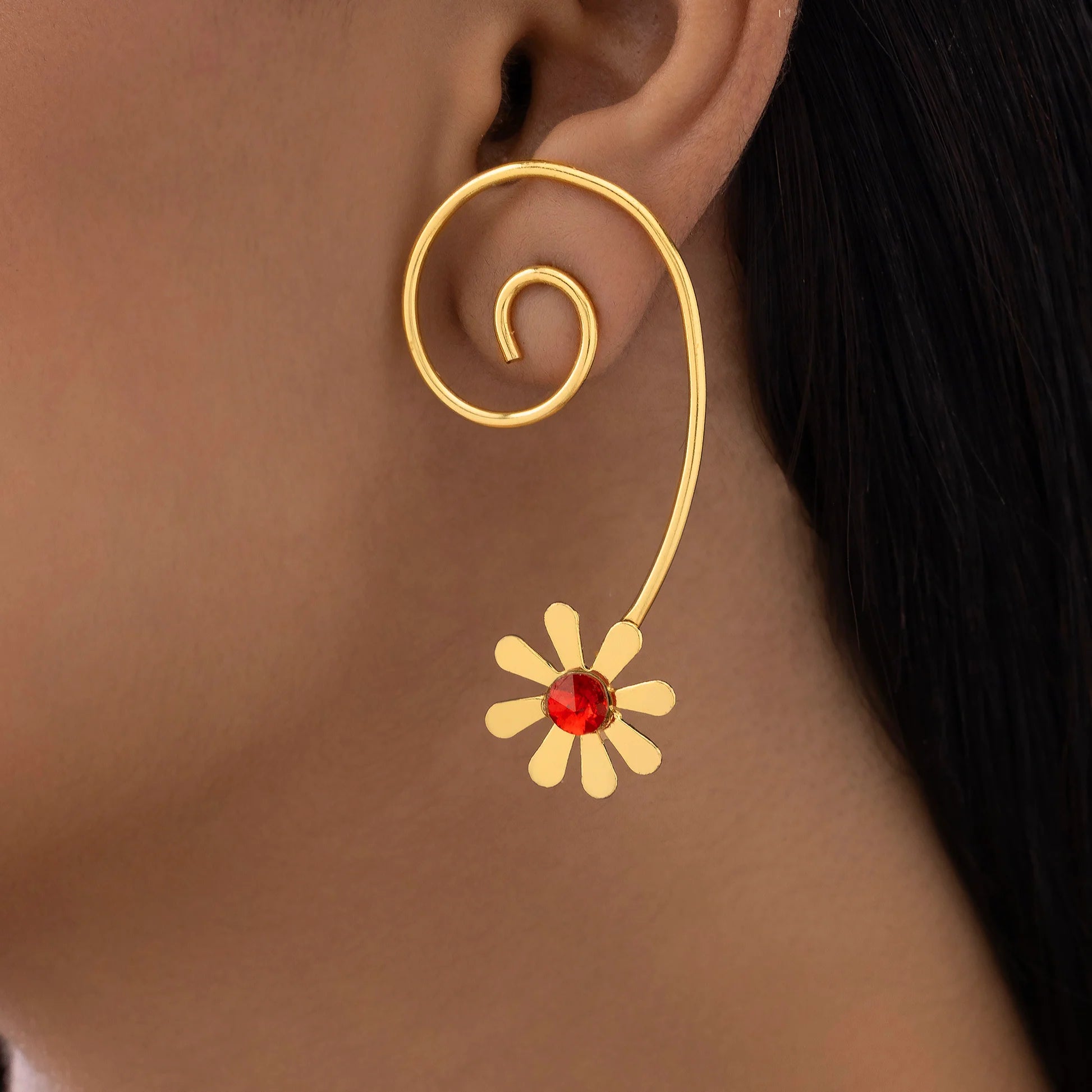 AUROZI Anti-Tarnish Spiral-Wired Dangle Earrings with Floral Accent