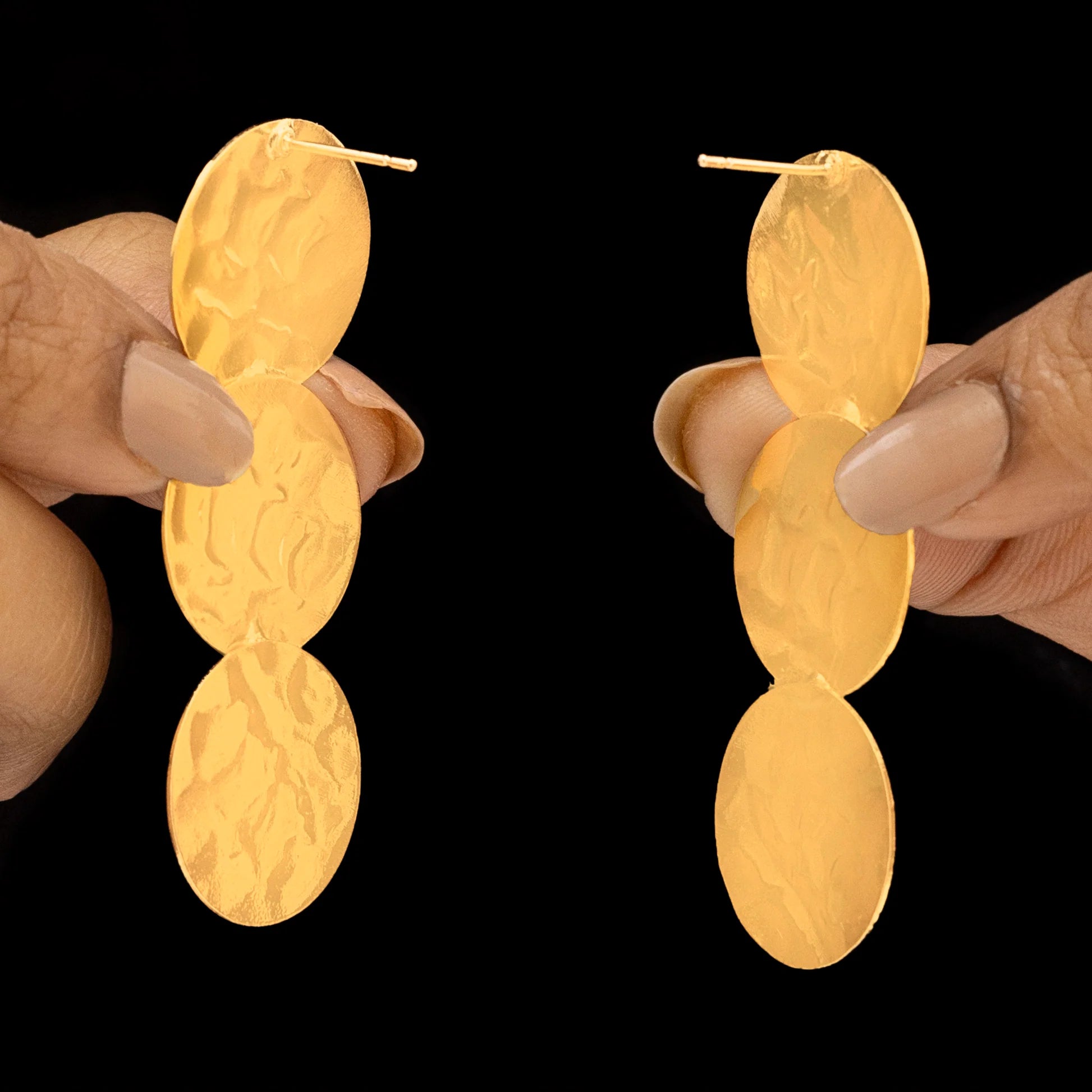 AUROZI Anti-Tarnish Golden Triple Coin Dangler Earrings – Timeless Textured Elegance