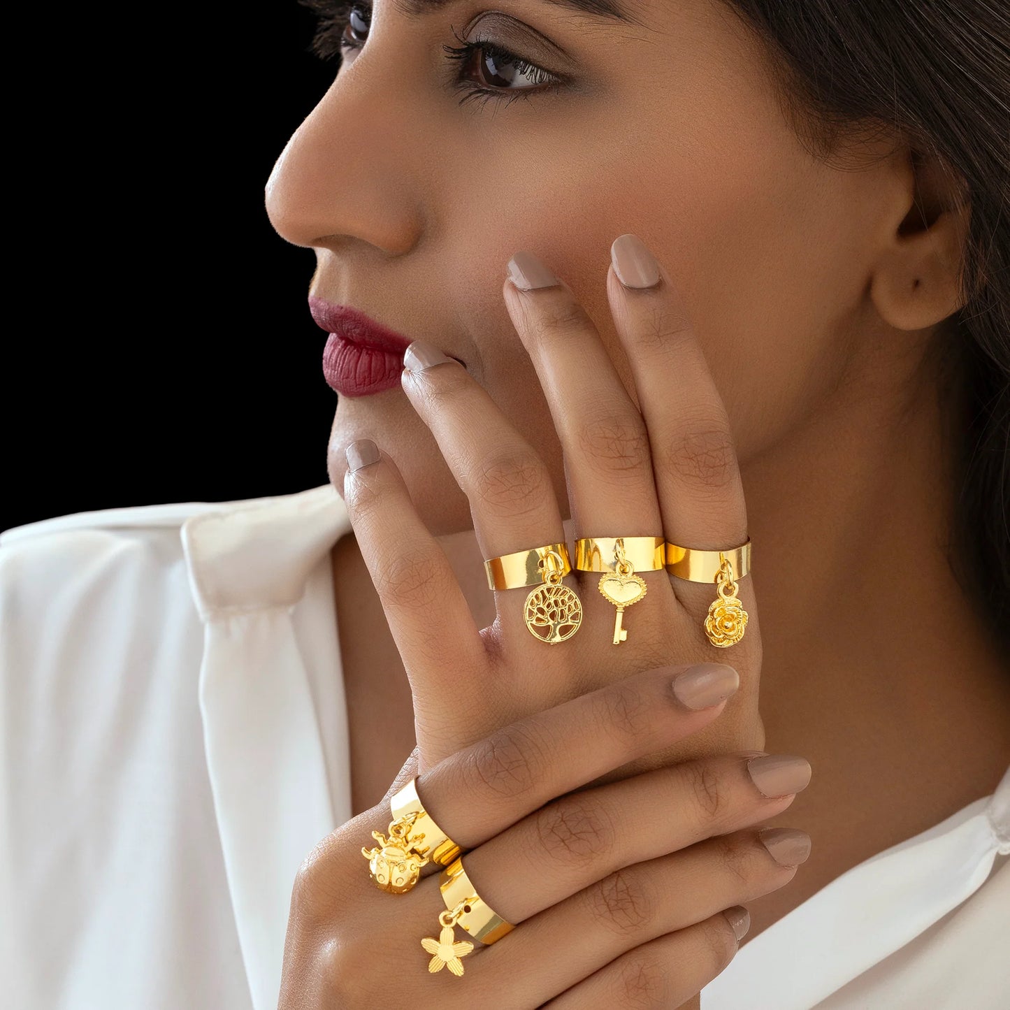 Super Saver Pack Of 5 Anti-Tarnish Premium Quality Gold Plated Charms Rings By AUROZI (Adjustable Size)