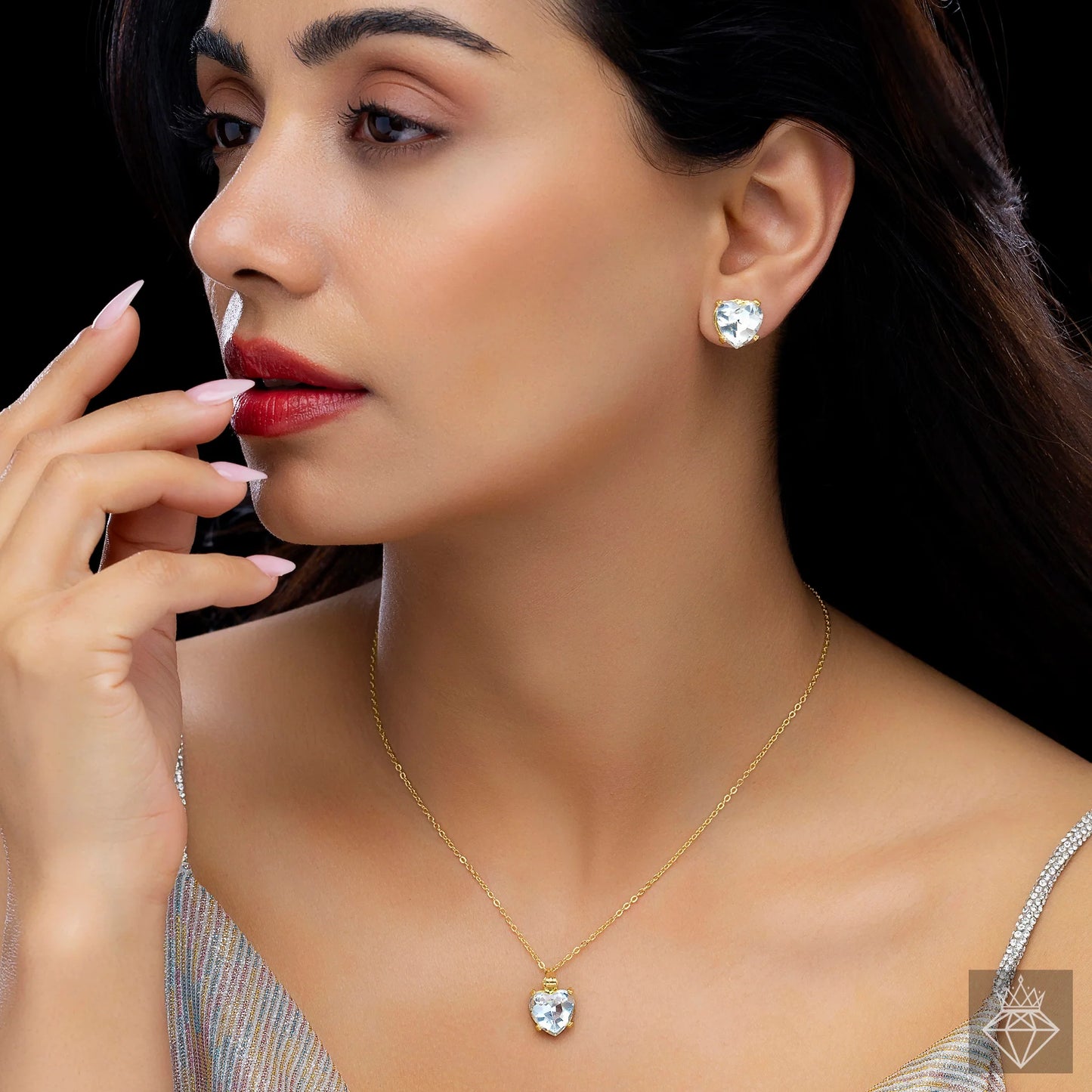 AUROZI Anti-Tarnish Solitaire Heart Necklace Set With Earrings