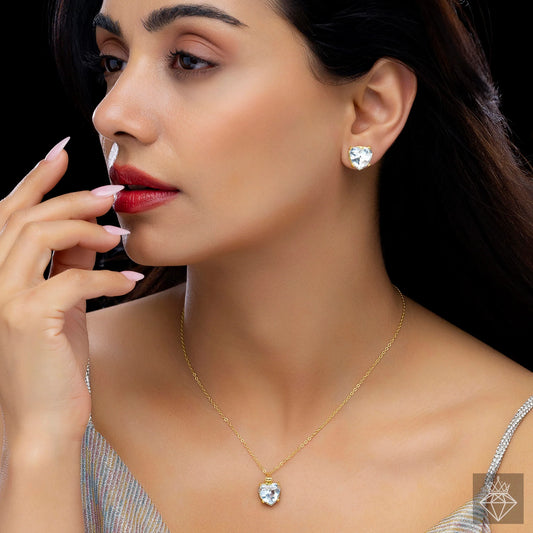AUROZI Anti-Tarnish Solitaire Heart Necklace Set With Earrings