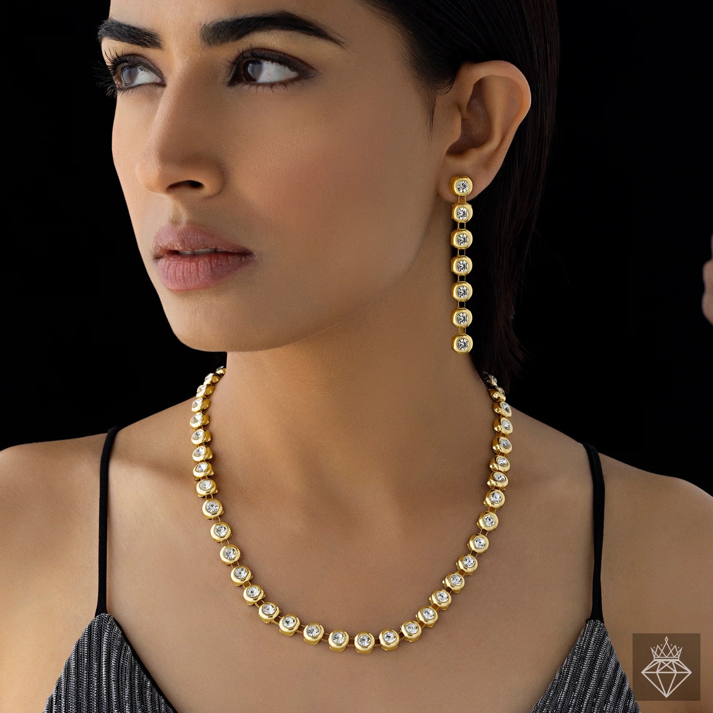 AUROZI Anti-Tarnish Golden AD Necklace Set With Earrings