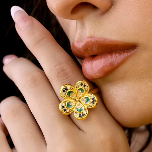 AUROZI Anti-Tarnish Golden Flower Crystal Ring (Adjustable Size)