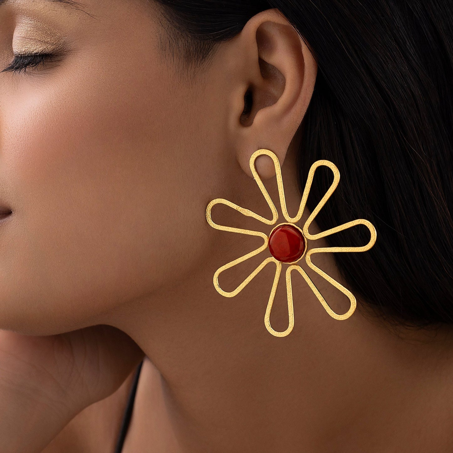 AUROZI Anti-Tarnish Flower Statement Earrings with Red Cabochon