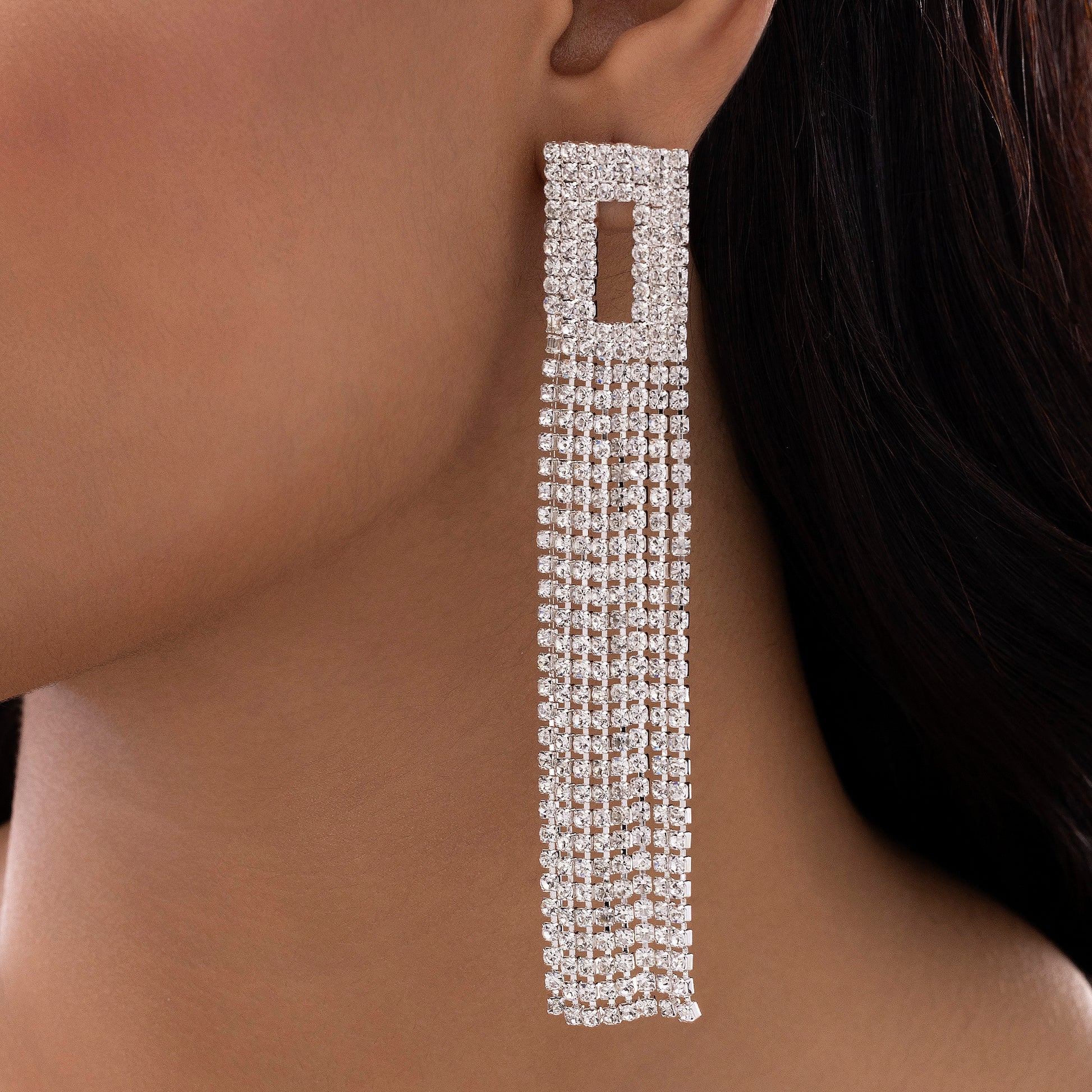 AUROZI Anti-Tarnish Hollow Square Rhinestone Tops with Tassels