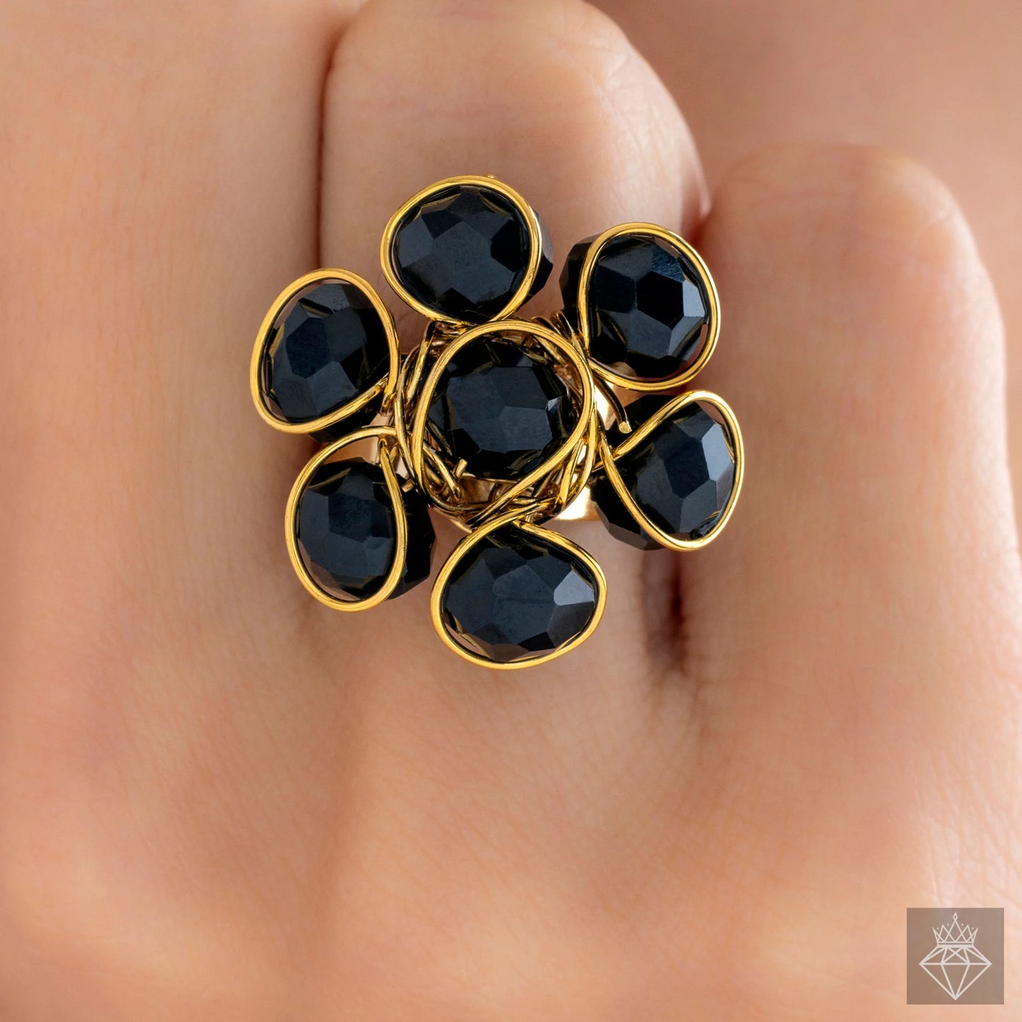 AUROZI Alluring Black Crystal Cocktail Ring – Adjustable Glam Statement