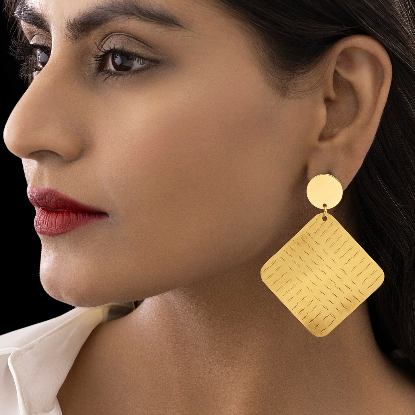 AUROZI Anti-Tarnish Golden Brass Square Dangle Earrings