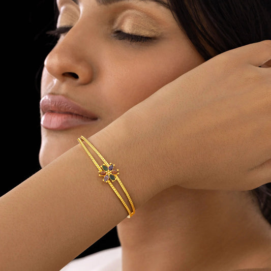 AUROZI Anti-Tarnish Double-Line Crystal Flower Bangle Bracelet