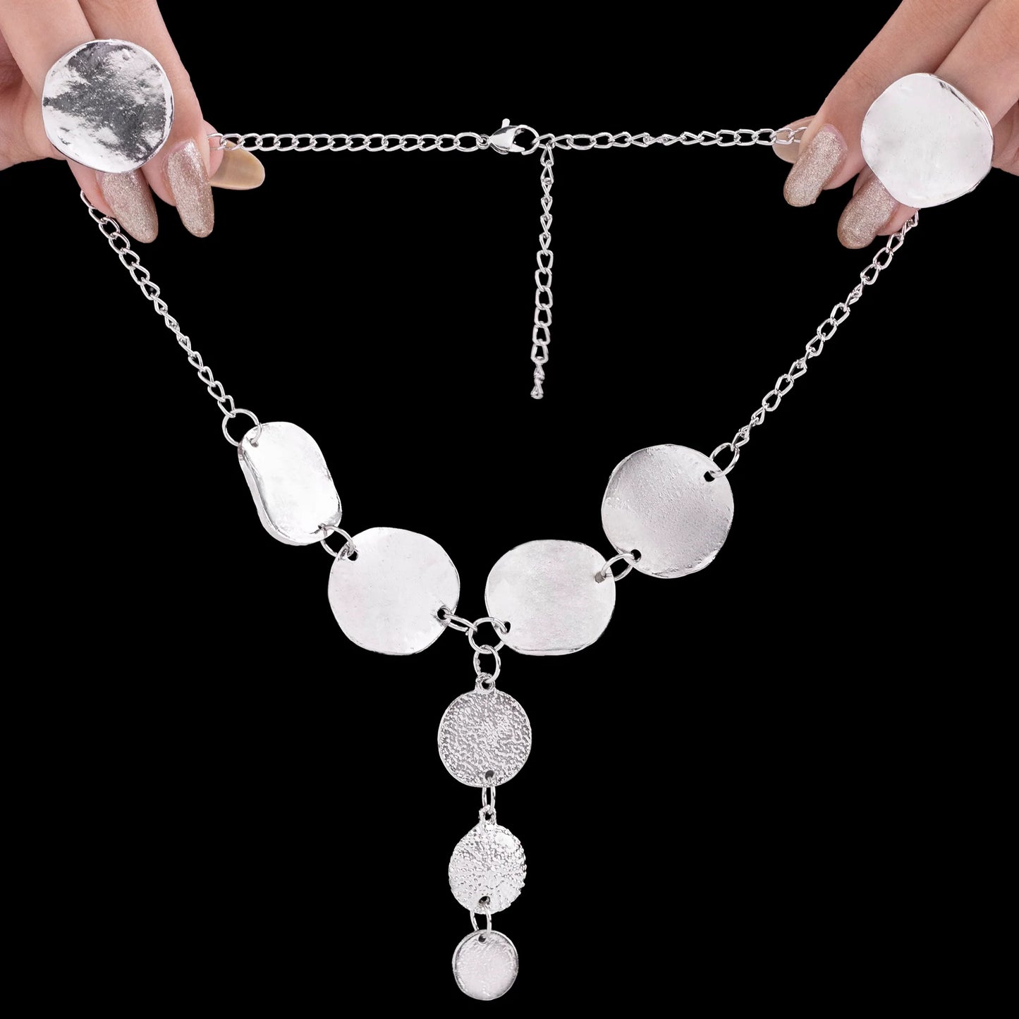 AUROZI Anti-Tarnish Silver Coin Y Necklace Set With Earrings
