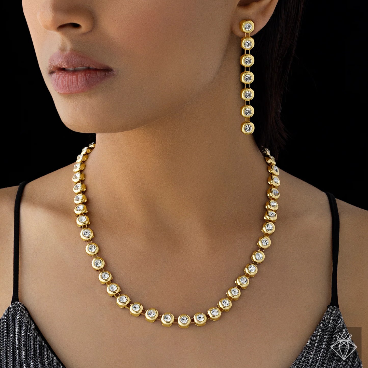 AUROZI Anti-Tarnish Golden AD Necklace Set With Earrings