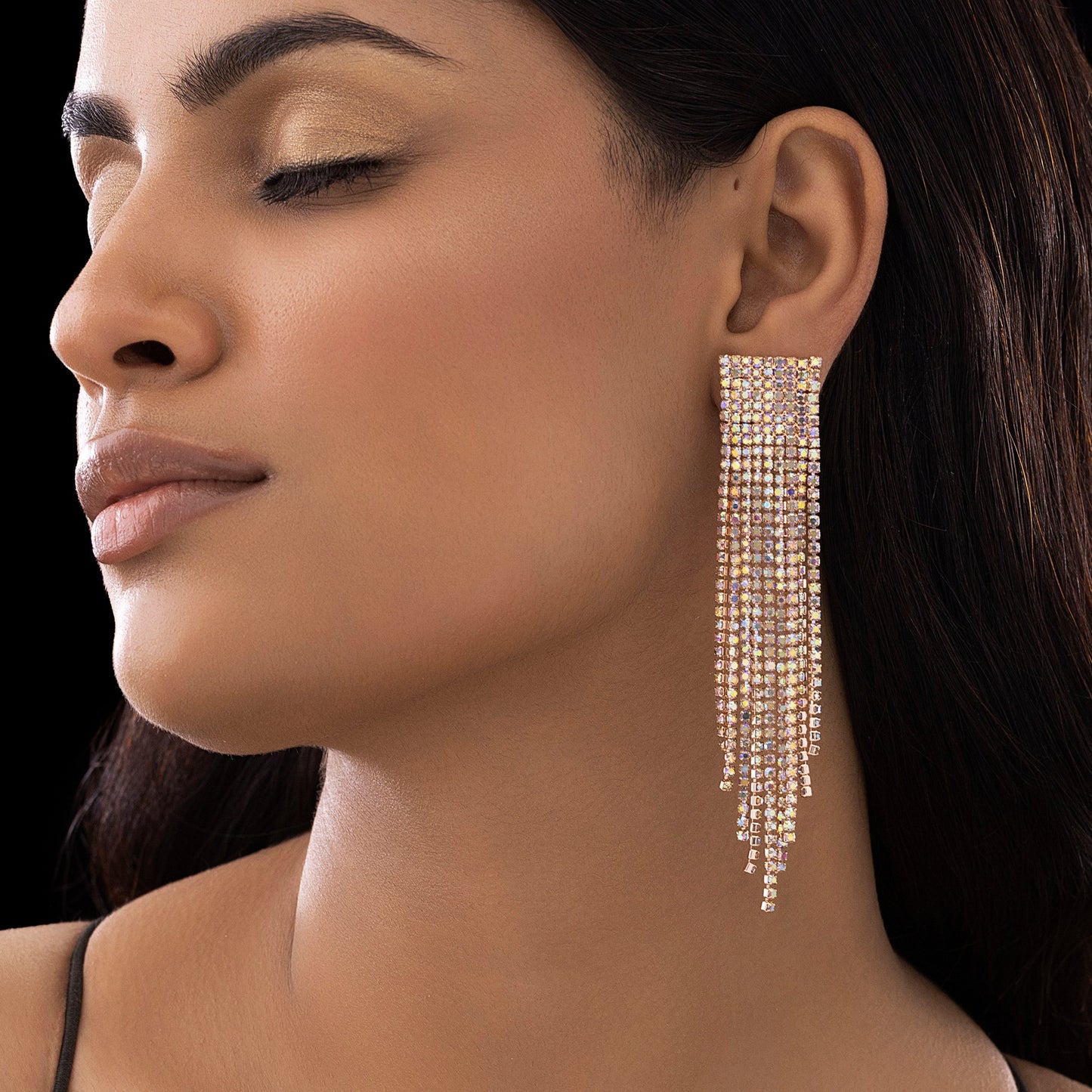 AUROZI Anti-Tarnish Dangle Earrings with Rainbow Rhinestone Tassels