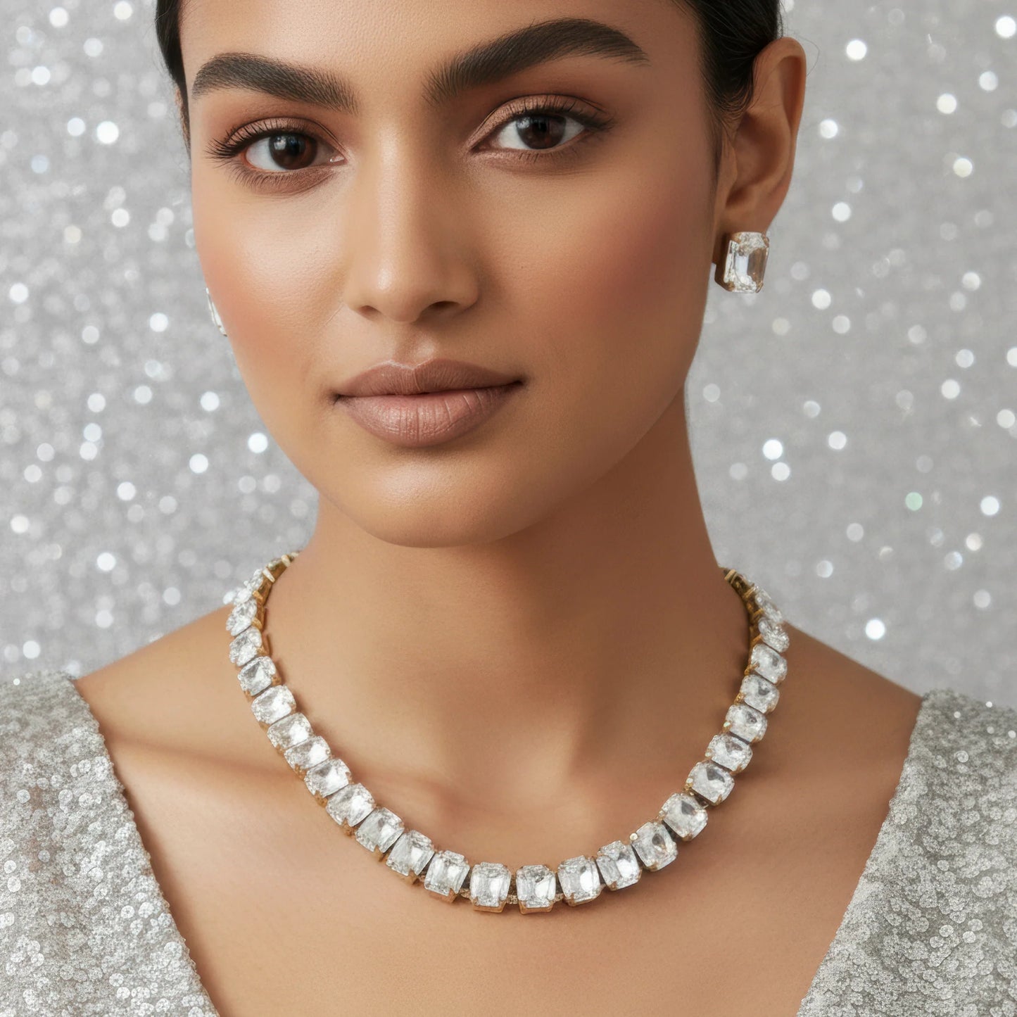 AUROZI Anti-Tarnish Single-Line Crystal Necklace Set with Earrings