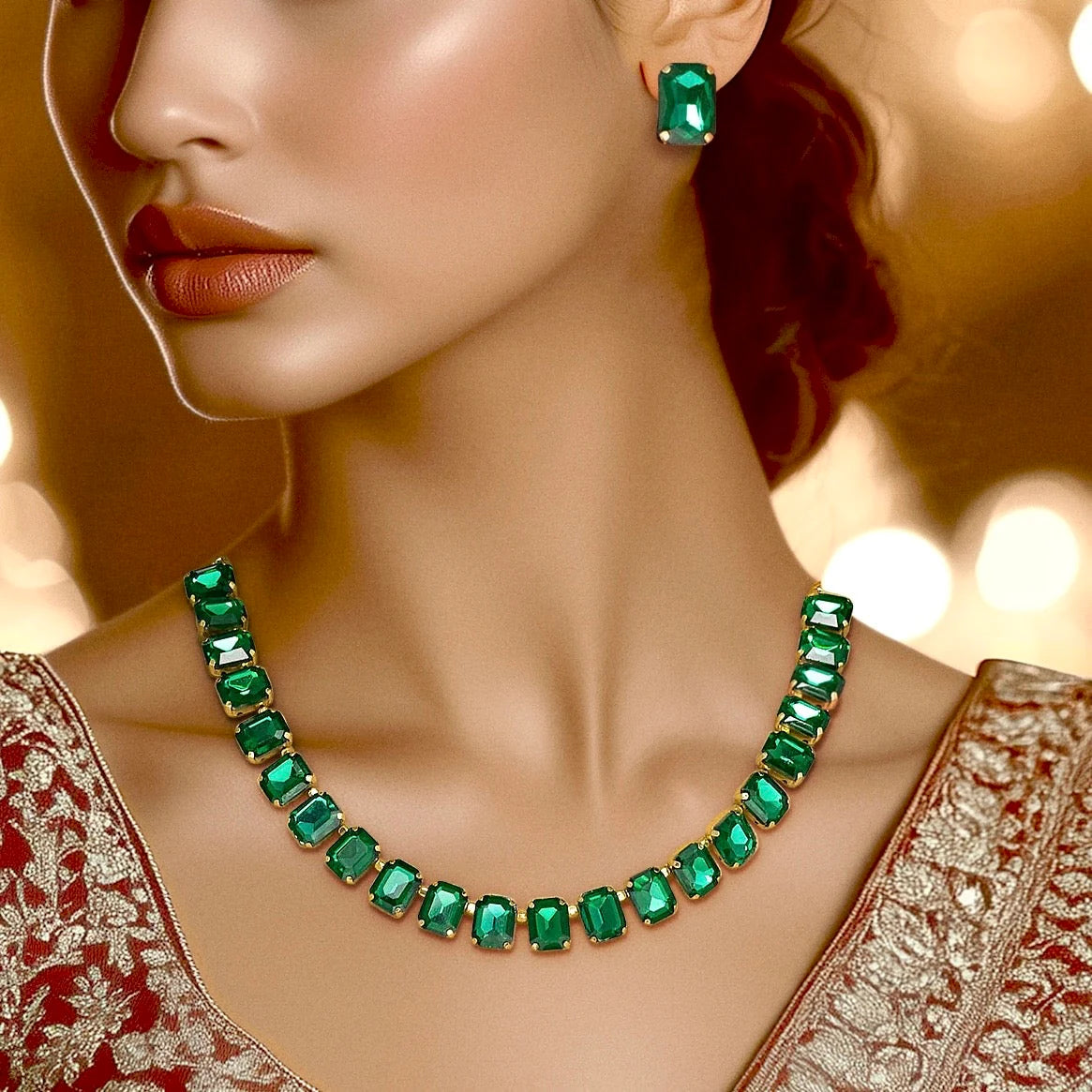 AUROZI Anti-Tarnish Single-Line Emerald Necklace Set With Earrings