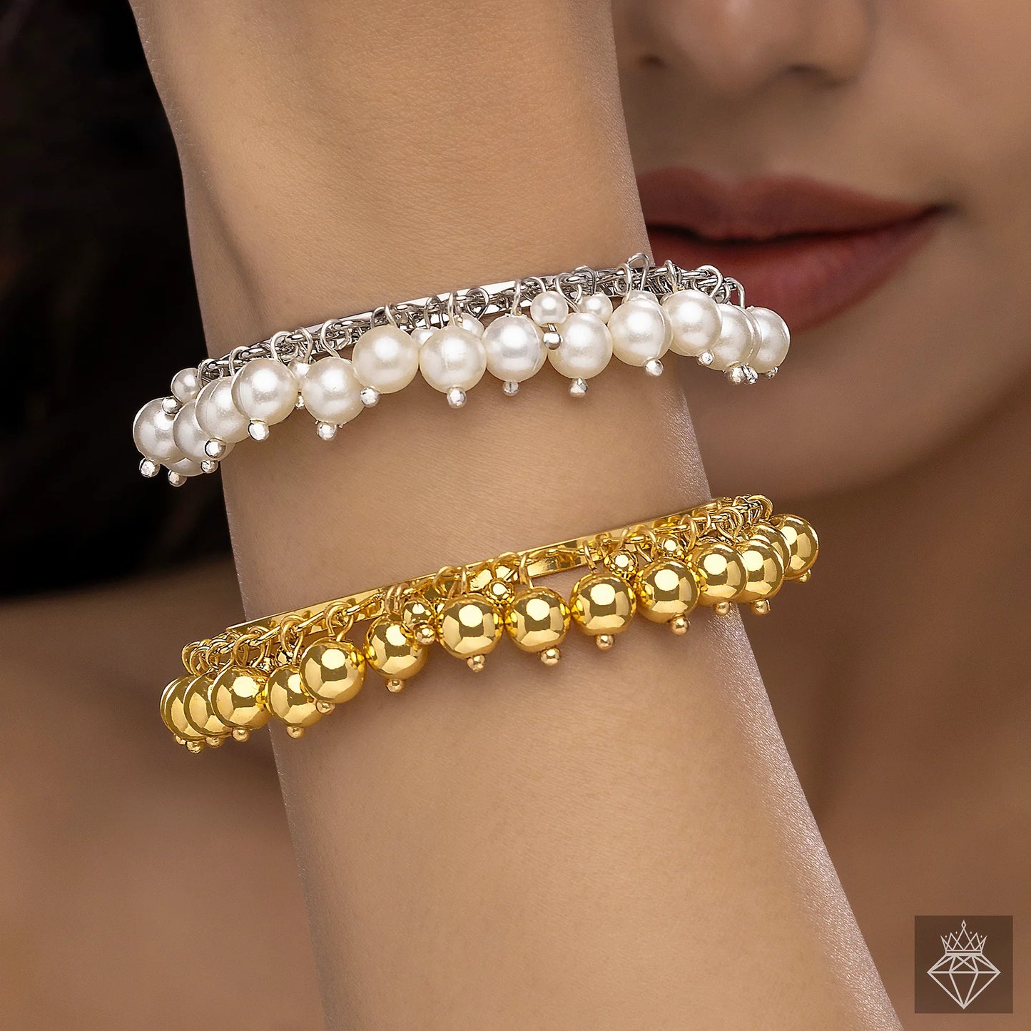 AUROZI Anti-Tarnish Golden & Pearl Bangle Bracelets Set (Adjustable Size)
