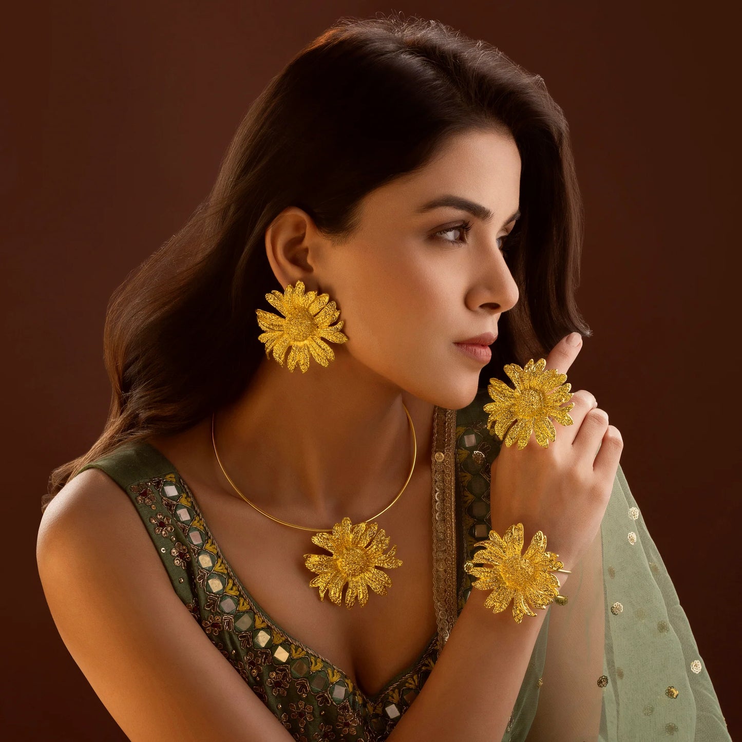 Super Saver Pack Of Anti-Tarnish Premium Quality GOLD Plated SUNFLOWER Necklace Set With Earrings, Bracelet & Ring (Adjustable Size)