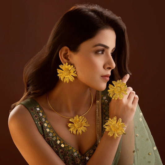 Super Saver Pack Of Anti-Tarnish Premium Quality GOLD Plated SUNFLOWER Necklace Set With Earrings, Bracelet & Ring (Adjustable Size)