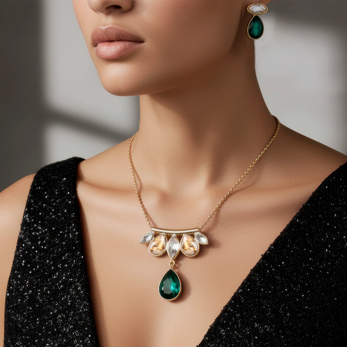 AUROZI Anti-Tarnish Marquise and Drop Crystals Pendant Necklace Set with Earrings