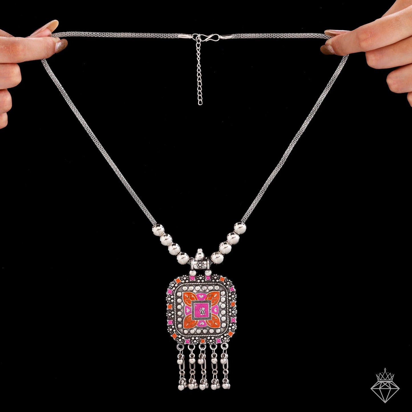 AUROZI Antique Oxidized Necklace with Colorful Enamel Square Pendant