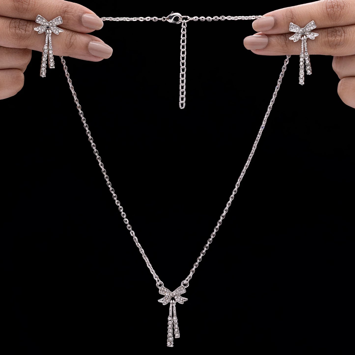 AUROZI Anti-Tarnish Silver AD-Studded Bow Necklace Set with Earrings