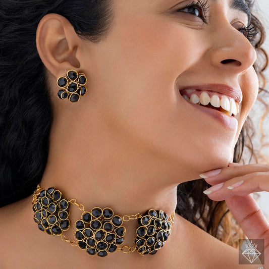 AUROZI Stunning Black Crystal Beads Gold Choker Necklace Set With Earrings