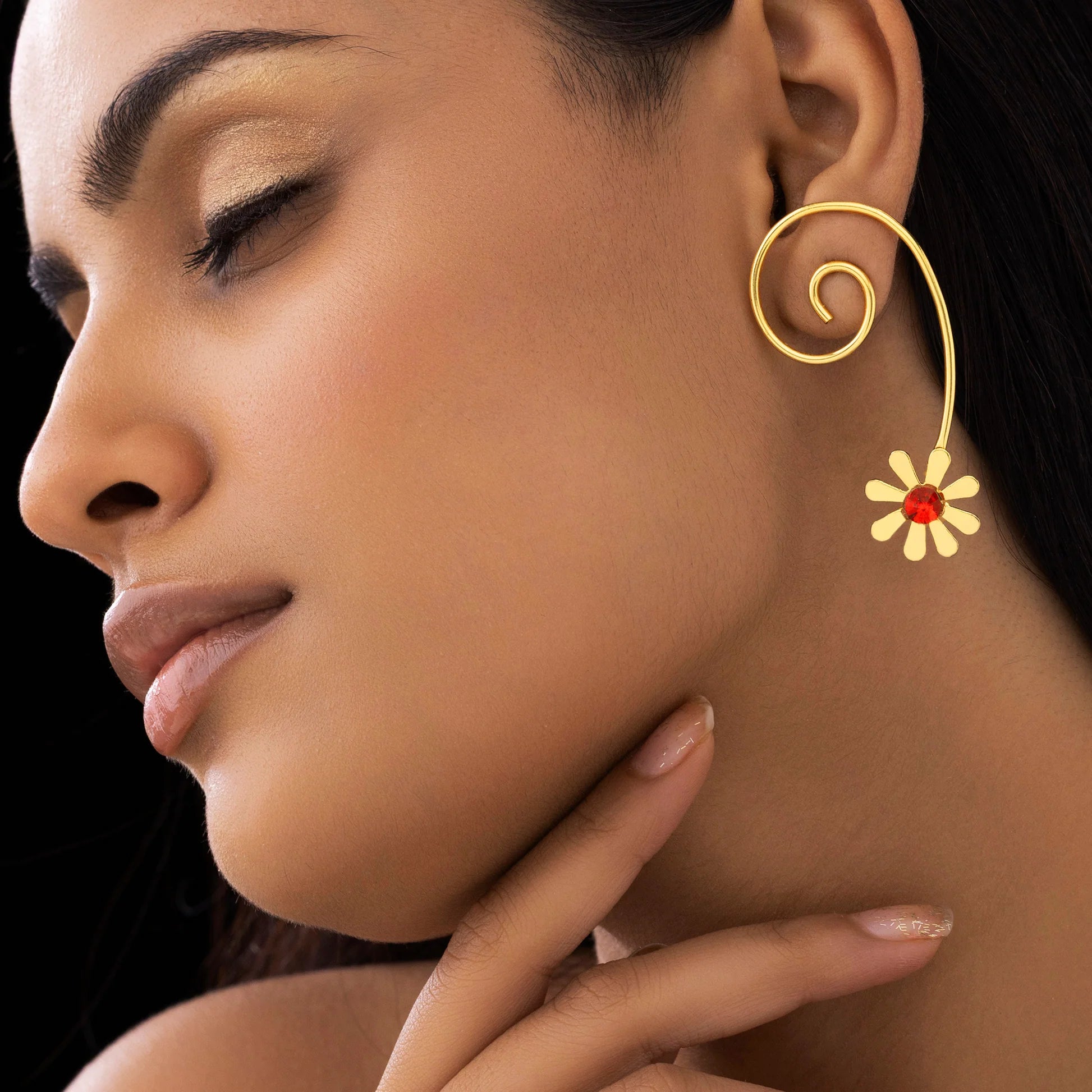 AUROZI Anti-Tarnish Spiral-Wired Dangle Earrings with Floral Accent