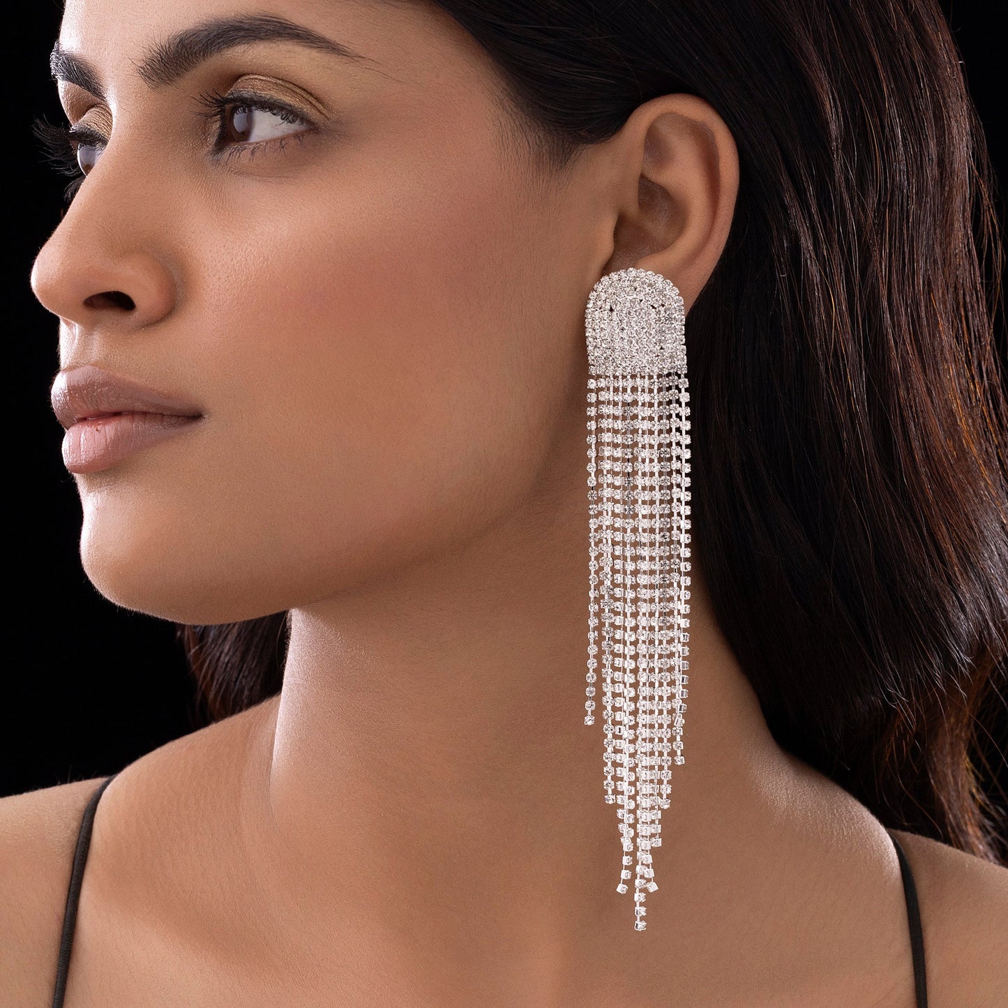 AUROZI Anti-Tarnish D-Shaped Silver Statement Earrings with Rhinestone Tassels