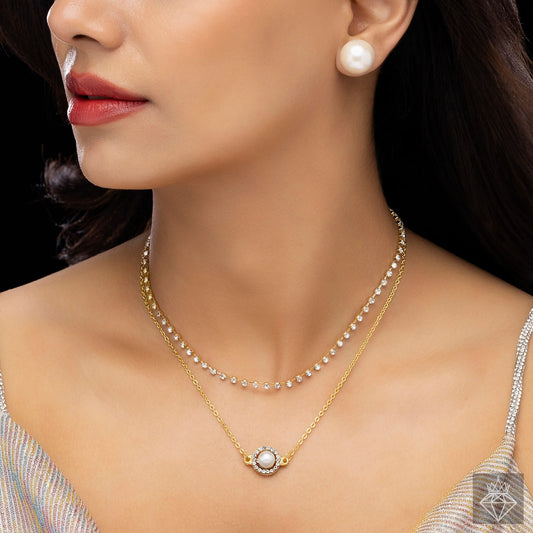 AUROZI Anti-Tarnish Double Layer Necklace Set With Earrings